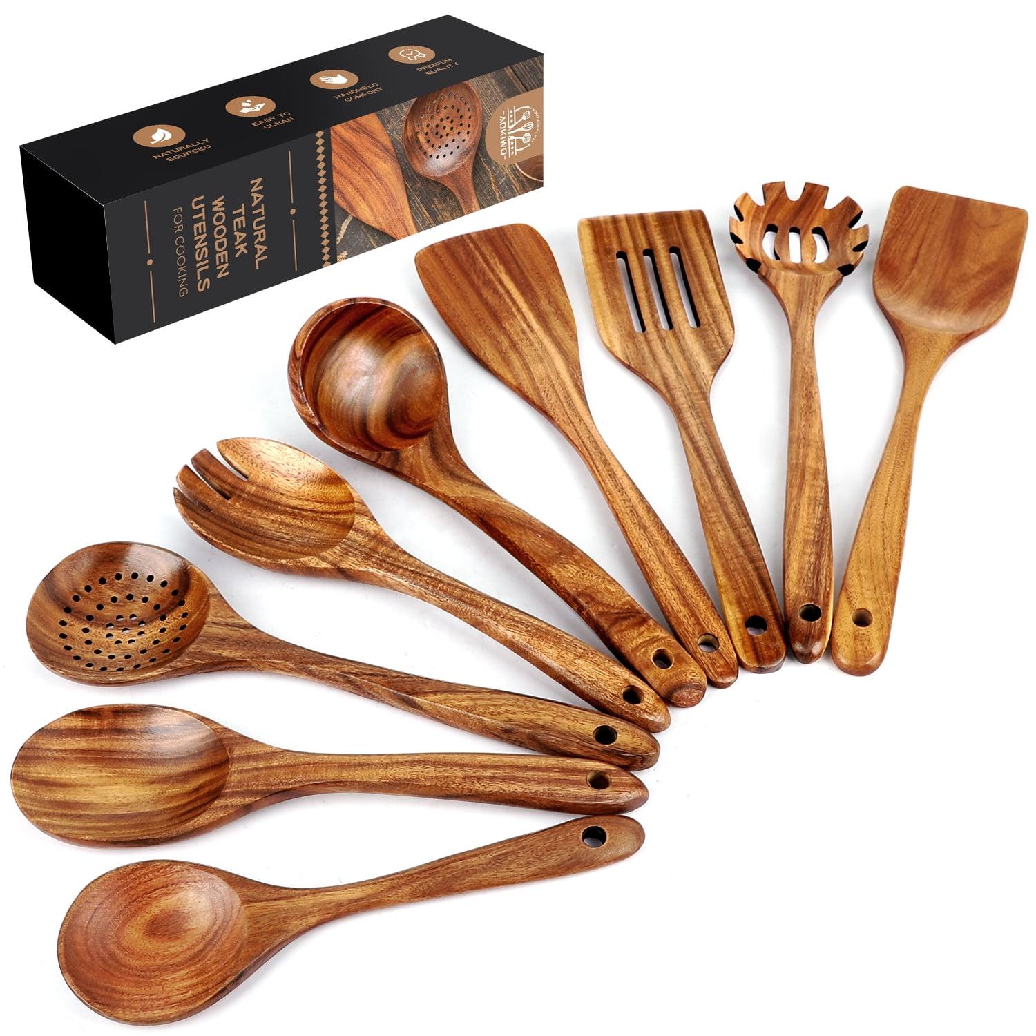 FAST APPLIANCES LLC 9Pcs Wooden Cooking Utensils, Wooden Spoons For Cooking, Teak Wood Kitchen Utensil Set