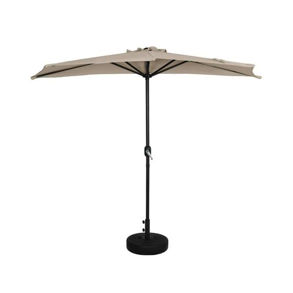 9 ft Half Market Umbella with Black Round Free Standing Plastic Base, Beige