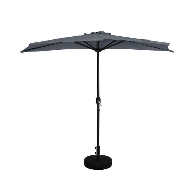 9 ft Half Market Umbella with Black Round Free Standing Plastic Base, Gray