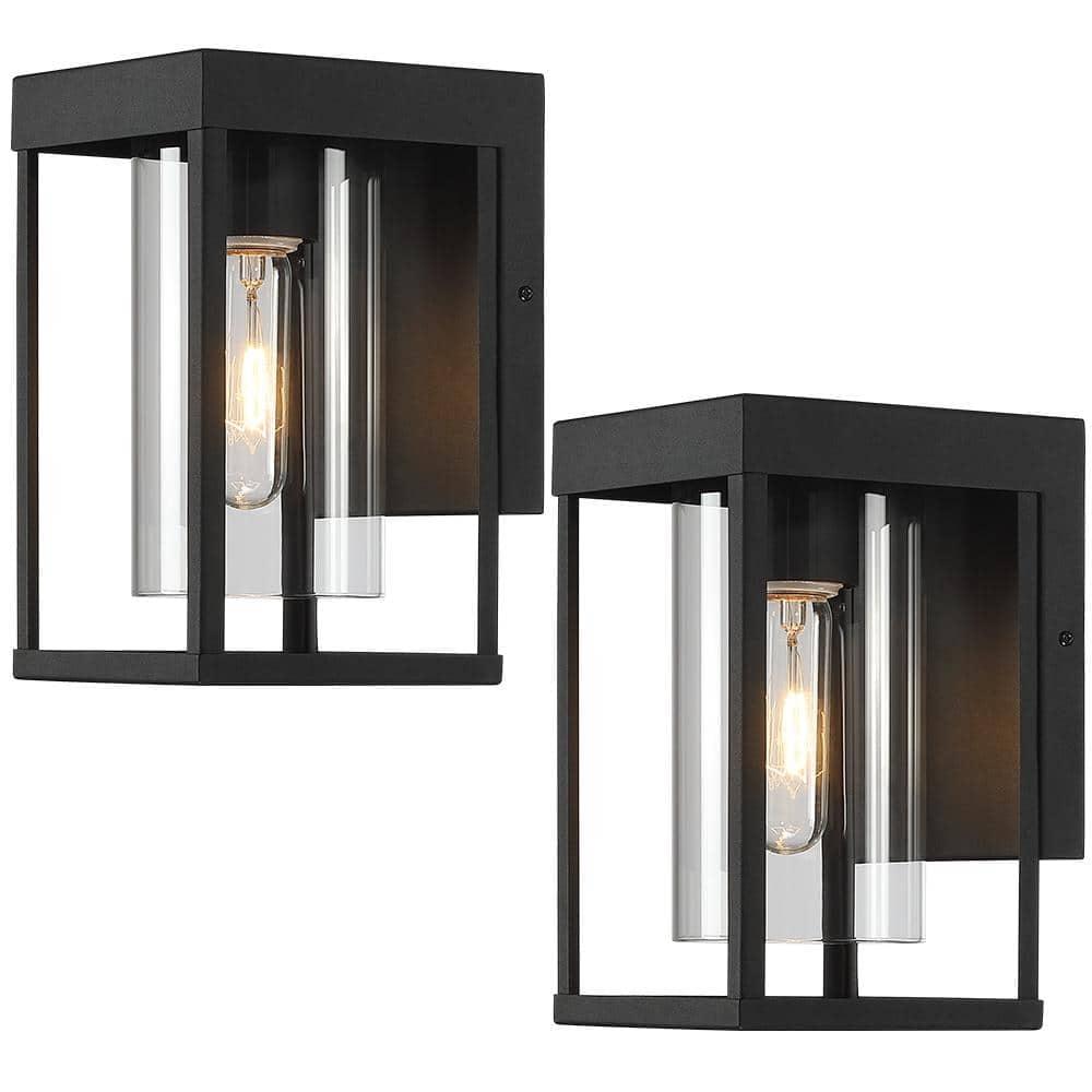 9-Inch Black Modern Outdoor Wall Lantern Sconce with Clear Glass, 2-Pack