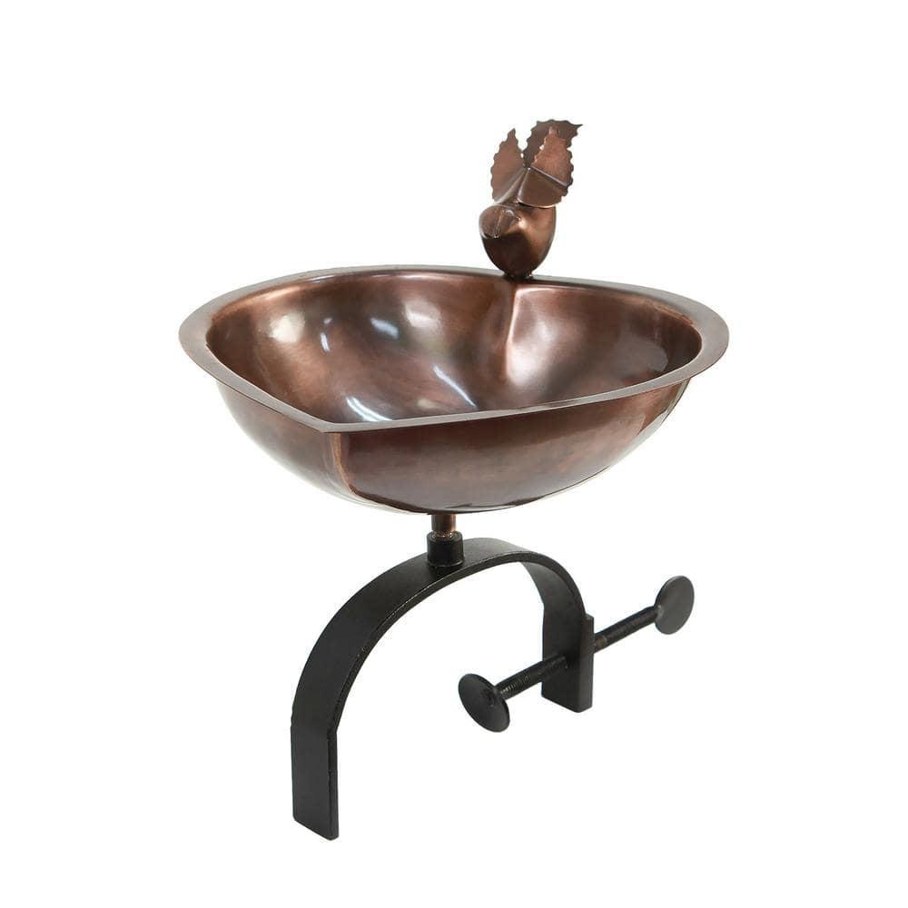 15.7" Iron and Steel Heart Shaped Birdbath Bowl with Rail Mount Bracket Brown - ACHLA Designs