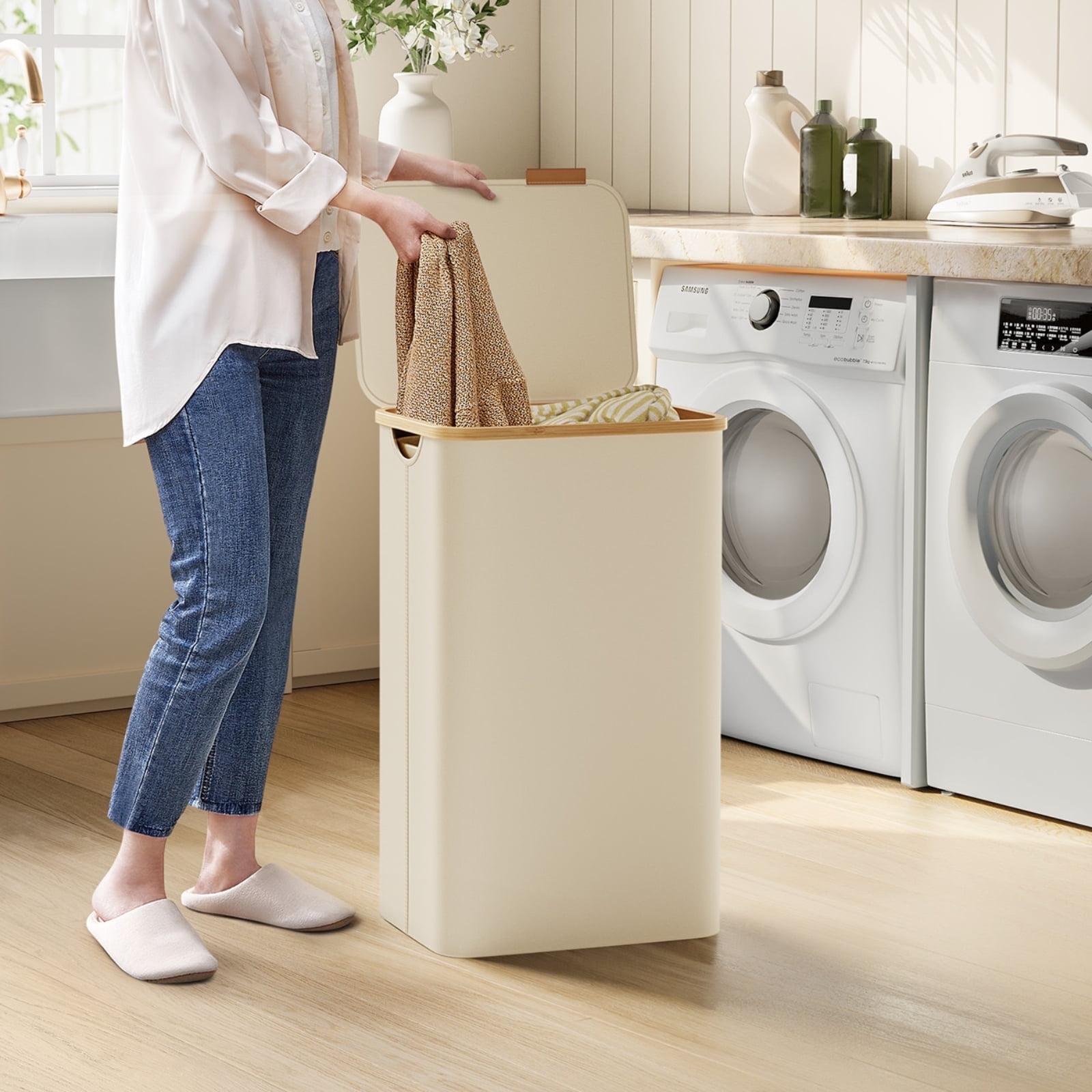 SONGMICS Laundry Hamper with Lid, Large Laundry Basket, 23.8 Gallons (90L), Removable Mesh Liner, Bamboo Handles, Collapsible Cream White