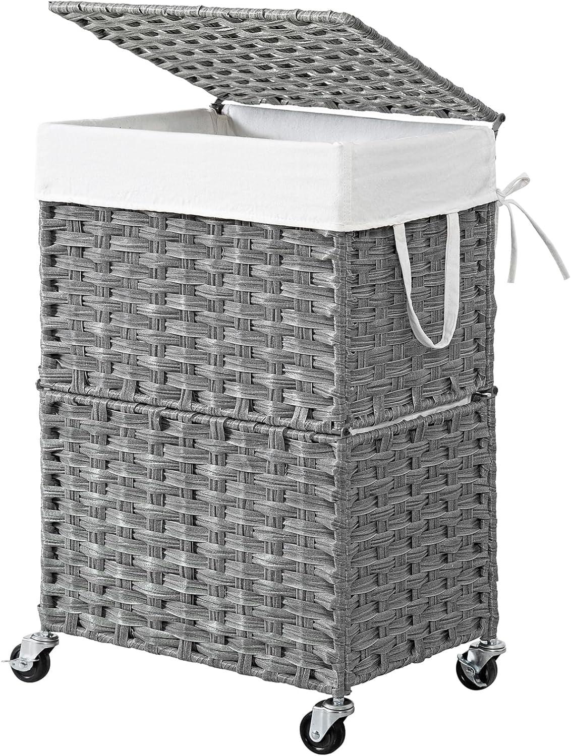 Gray Handwoven Rattan Laundry Hamper with Lid and Wheels