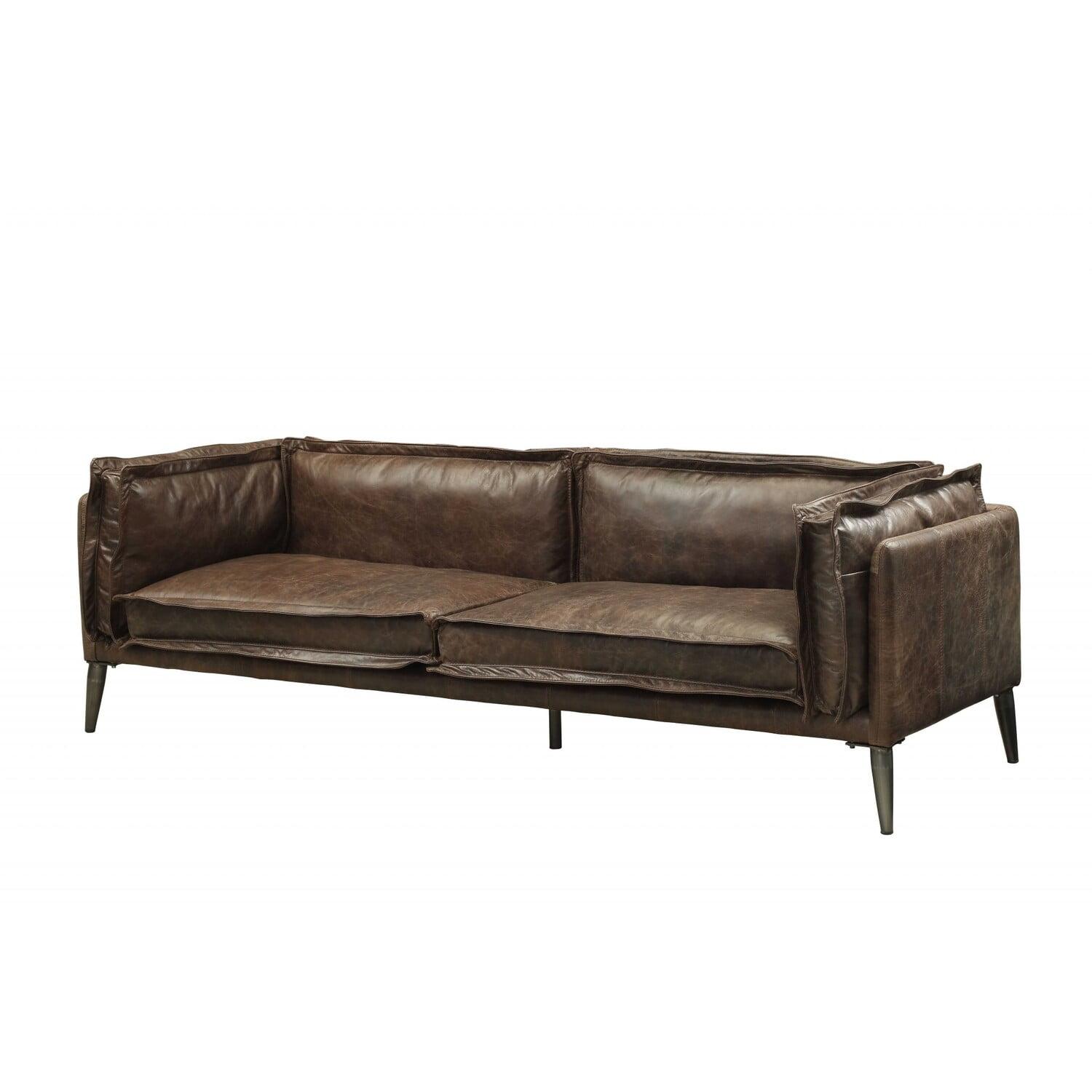 Modern Distressed Chocolate Leather Sofa with Wooden Frame