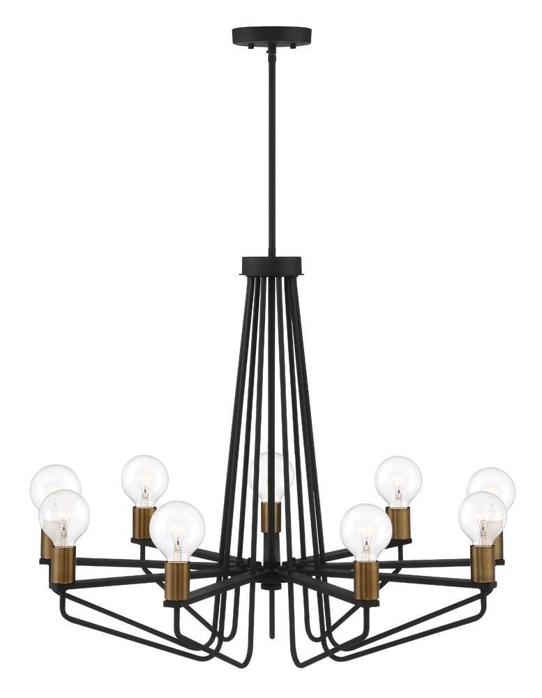 Ravella 27" Black Aluminum 9-Light Industrial Chandelier with Satin Brass Accents