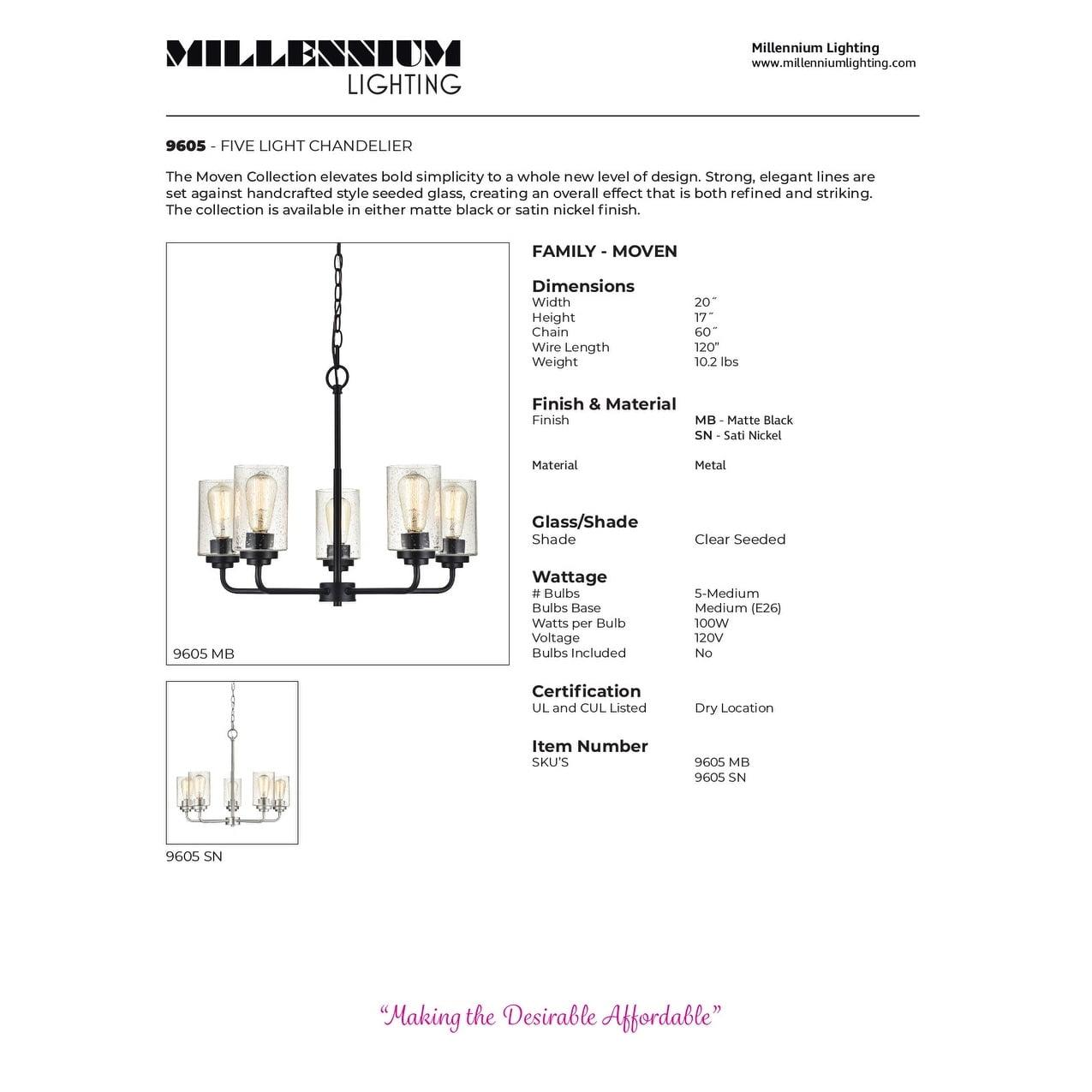 Millennium Lighting Moven 5 - Light Chandelier in  Satin Nickel