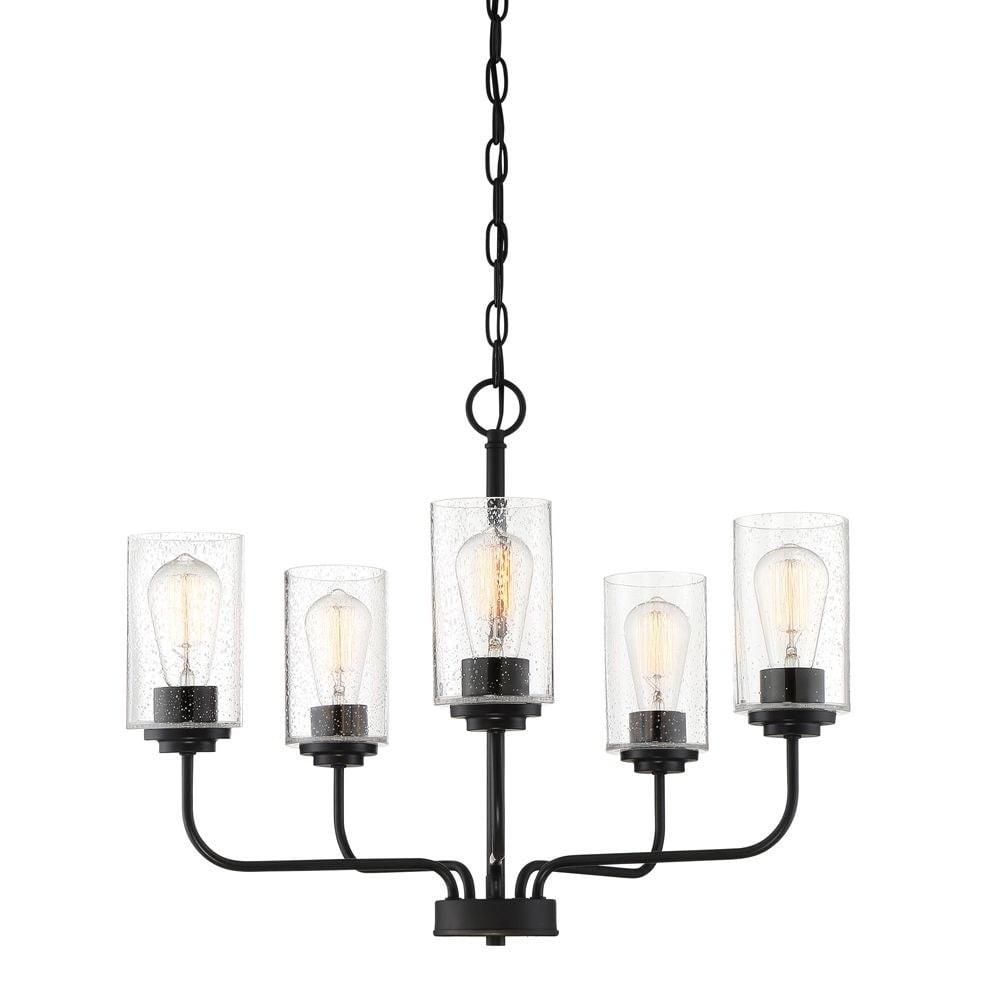 Logan Matte Black Five Light Chandelier with Clear Seedy Glass Shades