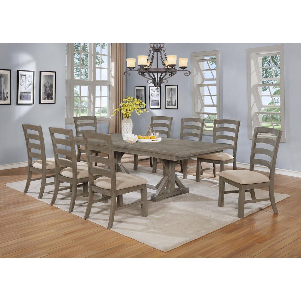 Rustic Trestle 9-Piece Dining Set with Beige Linen Chairs