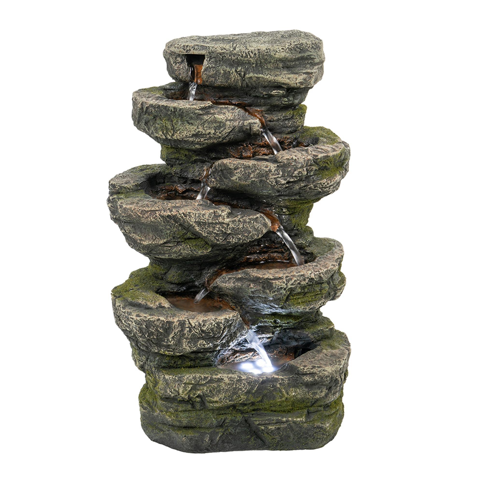 Gray Stone-Look 7-Tier Polyresin Tabletop Fountain with LED Light