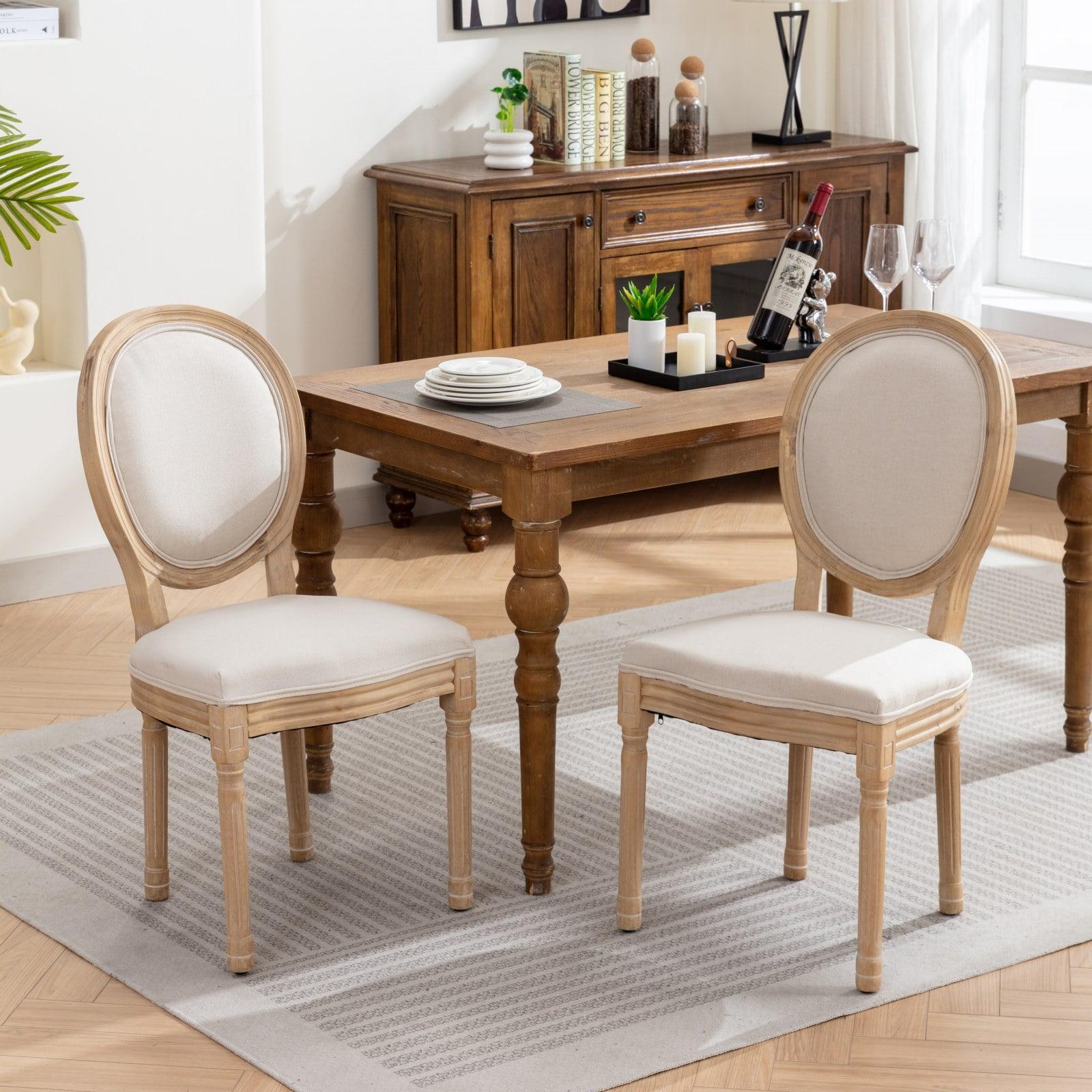 Beige Linen Upholstered French Style Dining Chairs with Carved Wood Legs, Set of 2