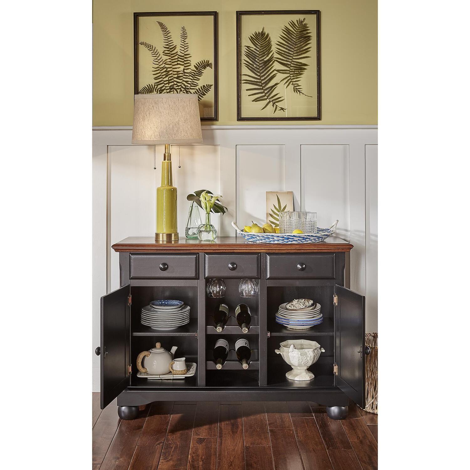 Transitional Black and Brown Solid Rubberwood Sideboard with Wine Storage