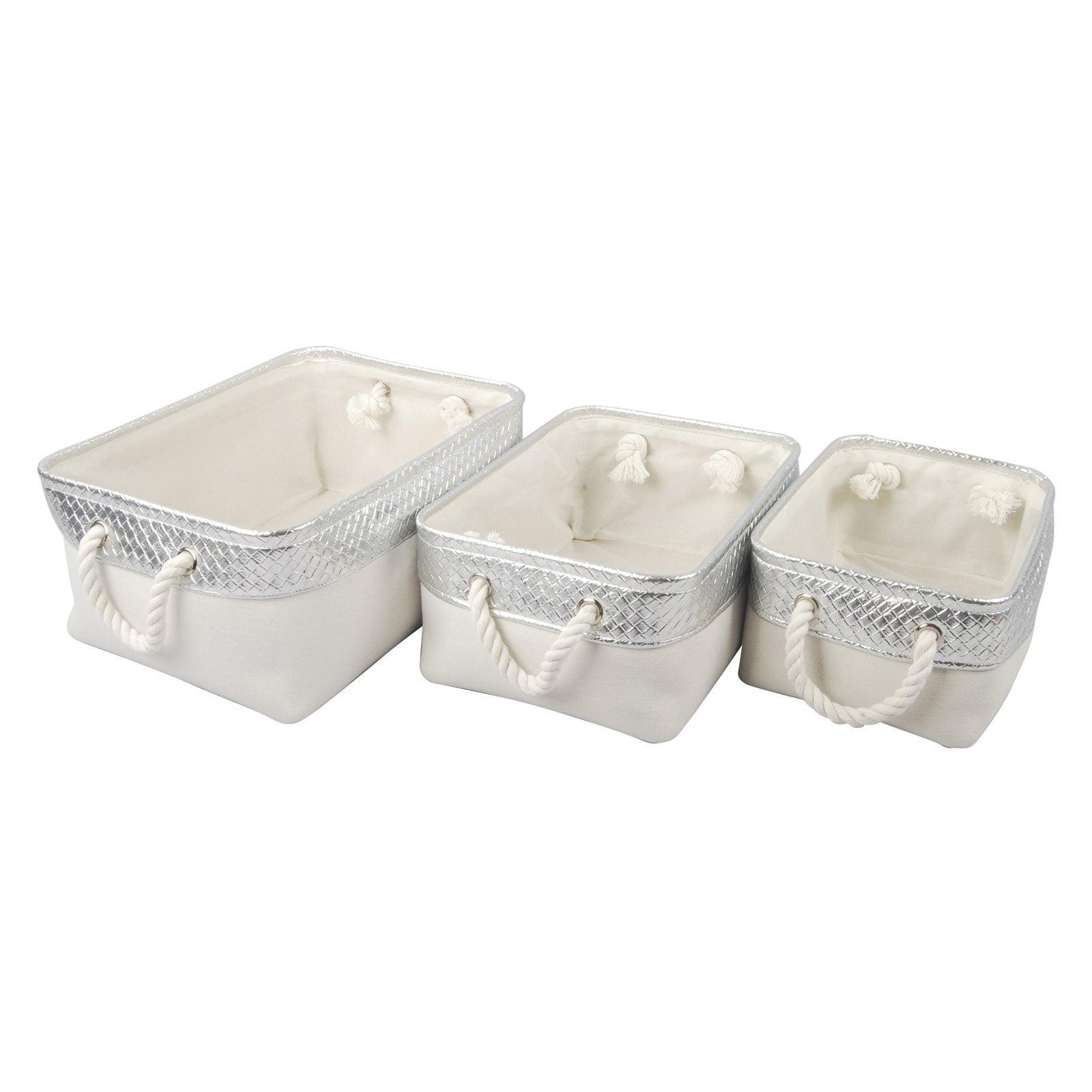 Alcott Canvas Rectangular Storage Baskets, Silver & White, Set of 3