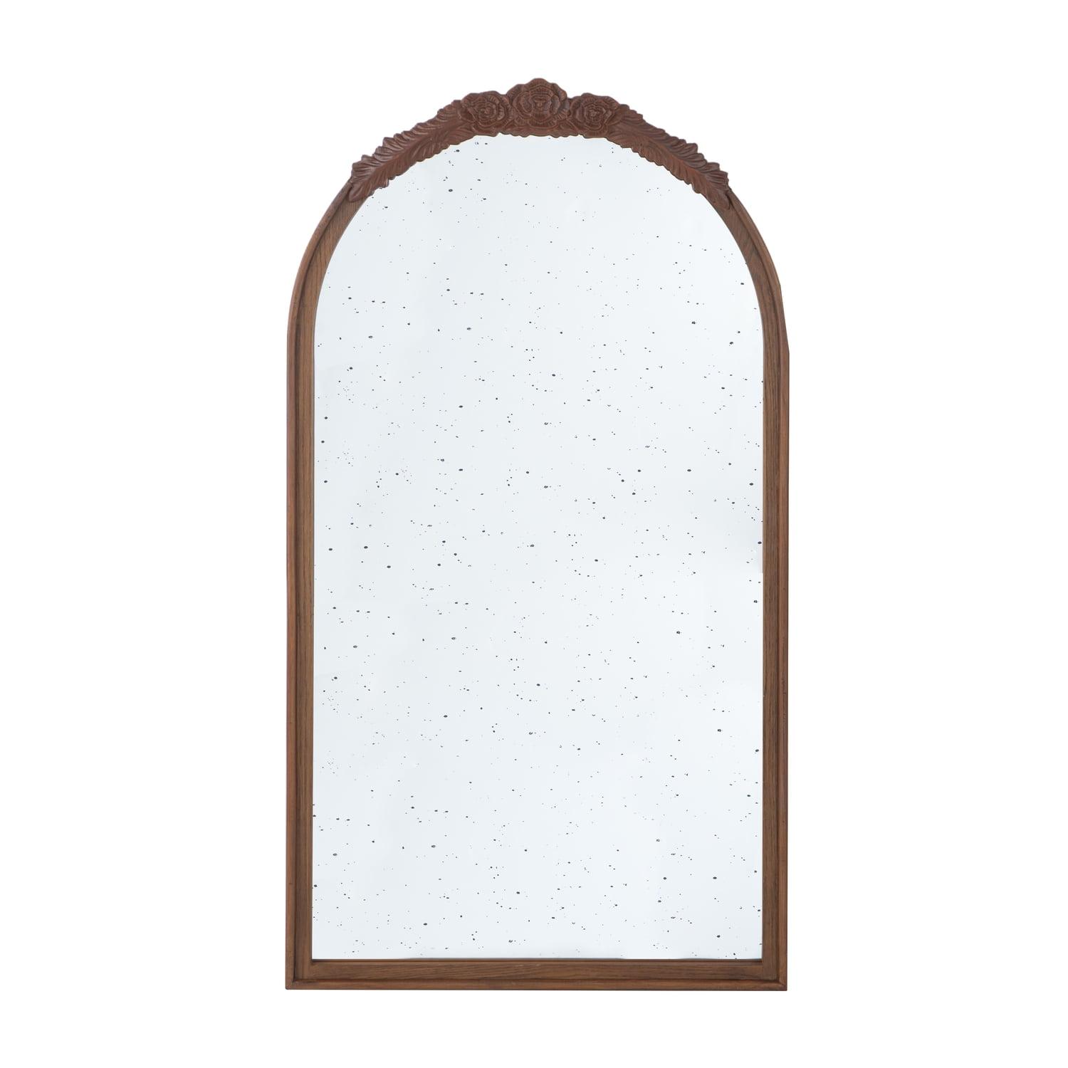 Brown Rectangular Wood Wall Mirror with Carved Rose Accent