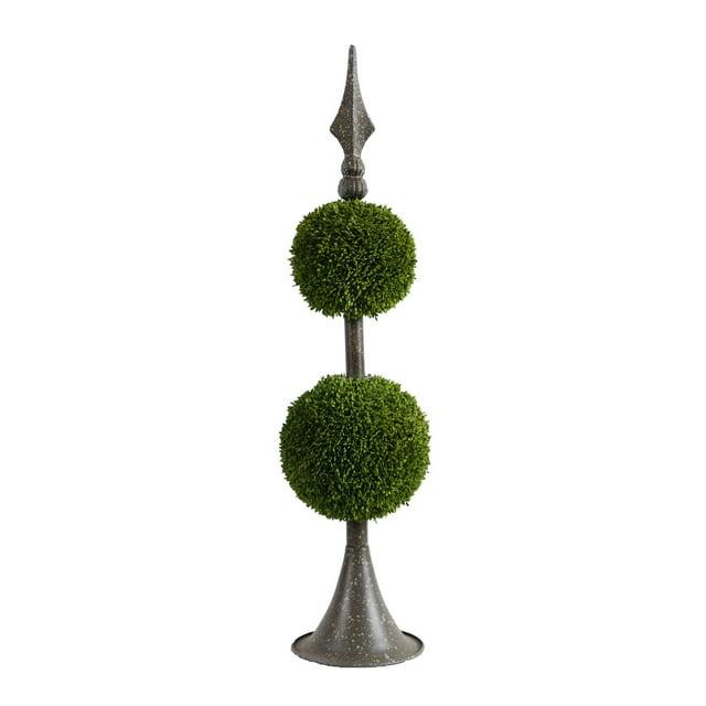 A&B Home Boxwood Ball Topiary with Metal Finial Stand Double Sphere 26 Inch Tall Indoor Outdoor House Decoration