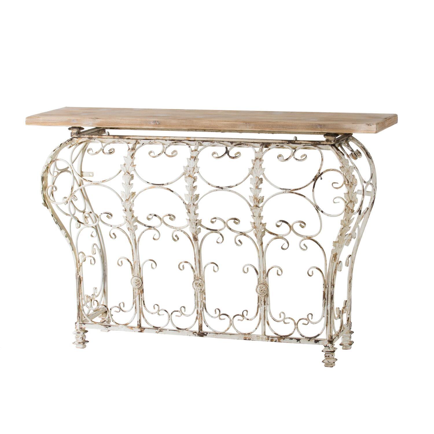 Antique White Metal and Wood Console Table