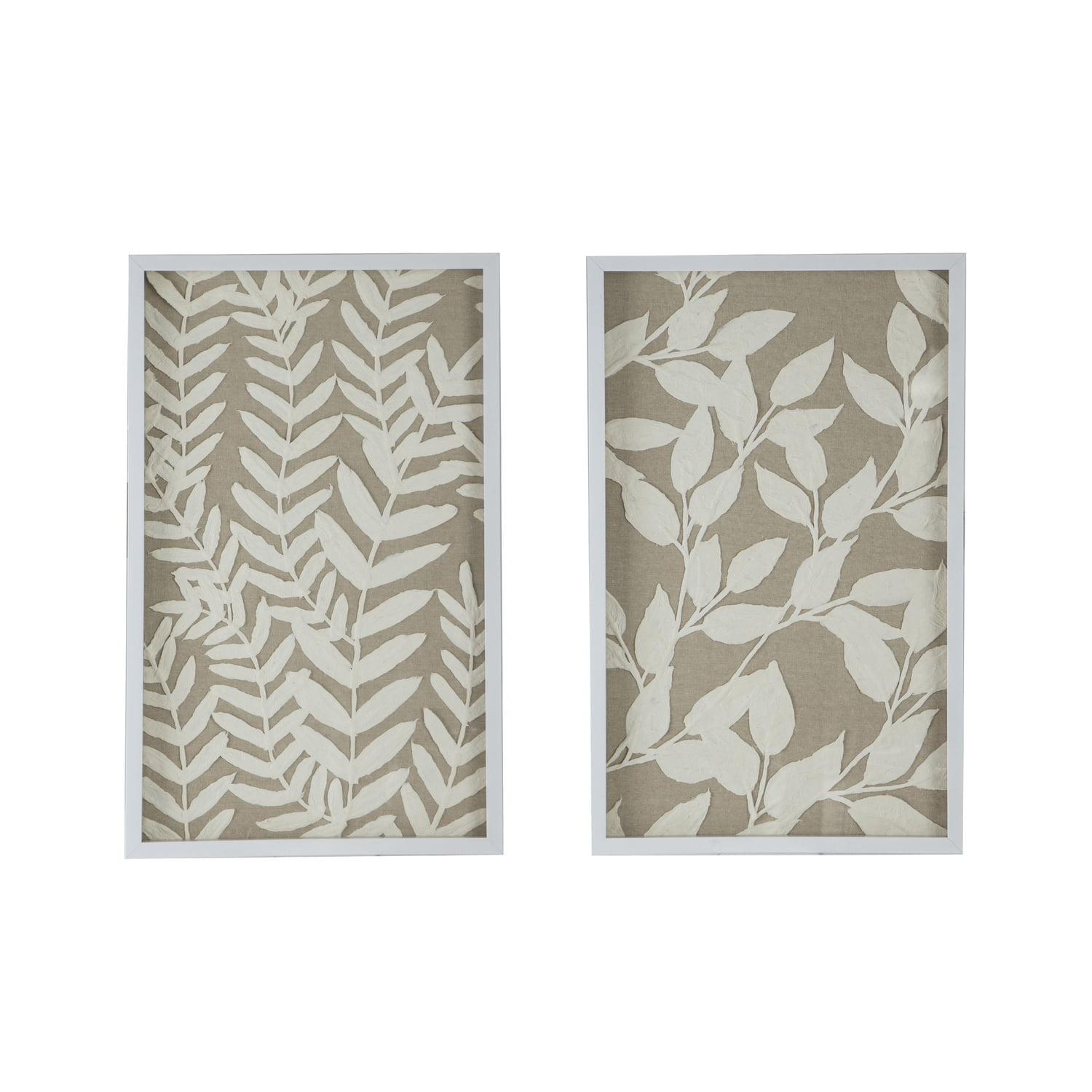 Set of 2 White Botanical Paper Shadow Box Wall Decor with MDF Frame