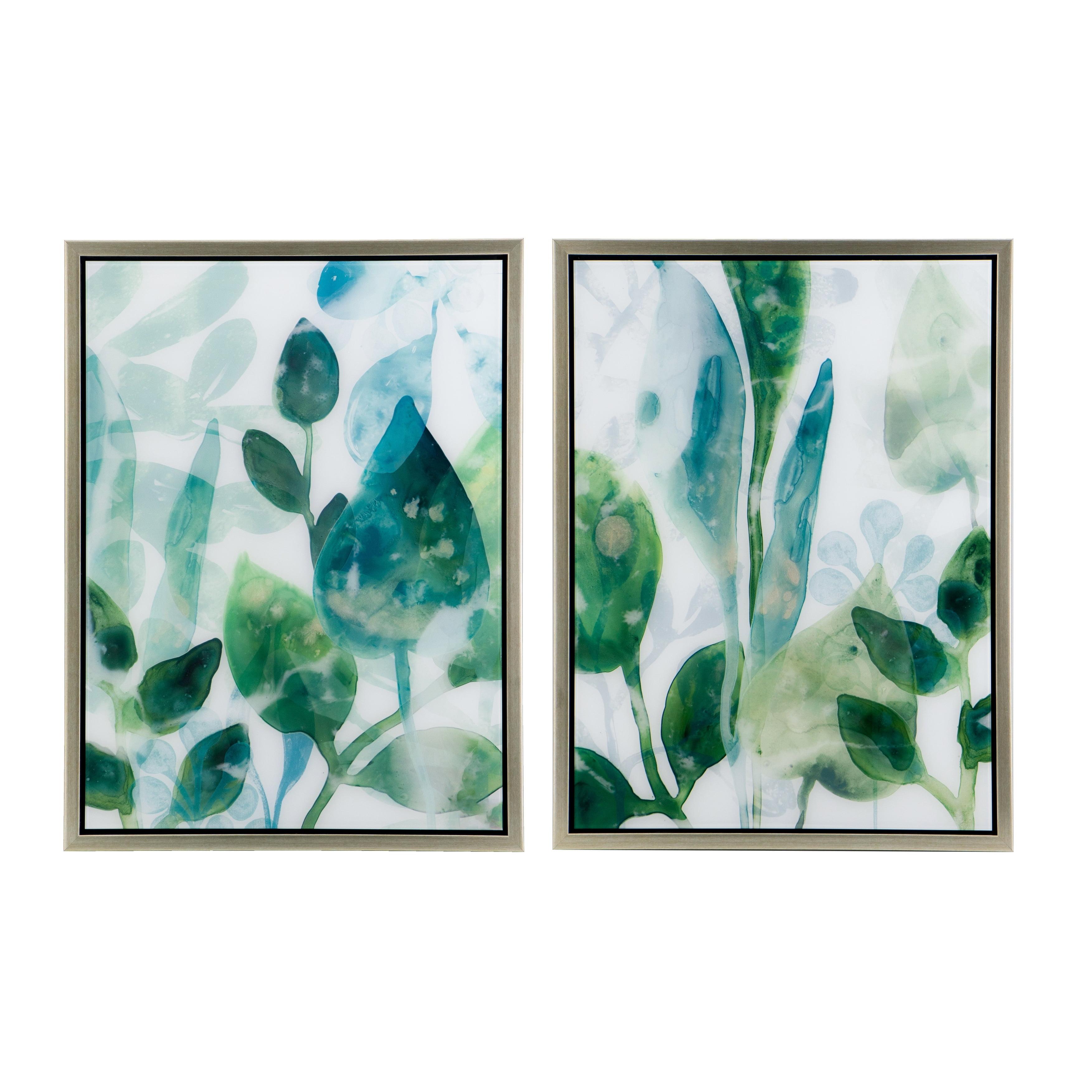 Leaves In Shades Of Greens Framed Printed Acrylic Wall Art - 19"W X 25.5"H X 1.5"L - Green/White