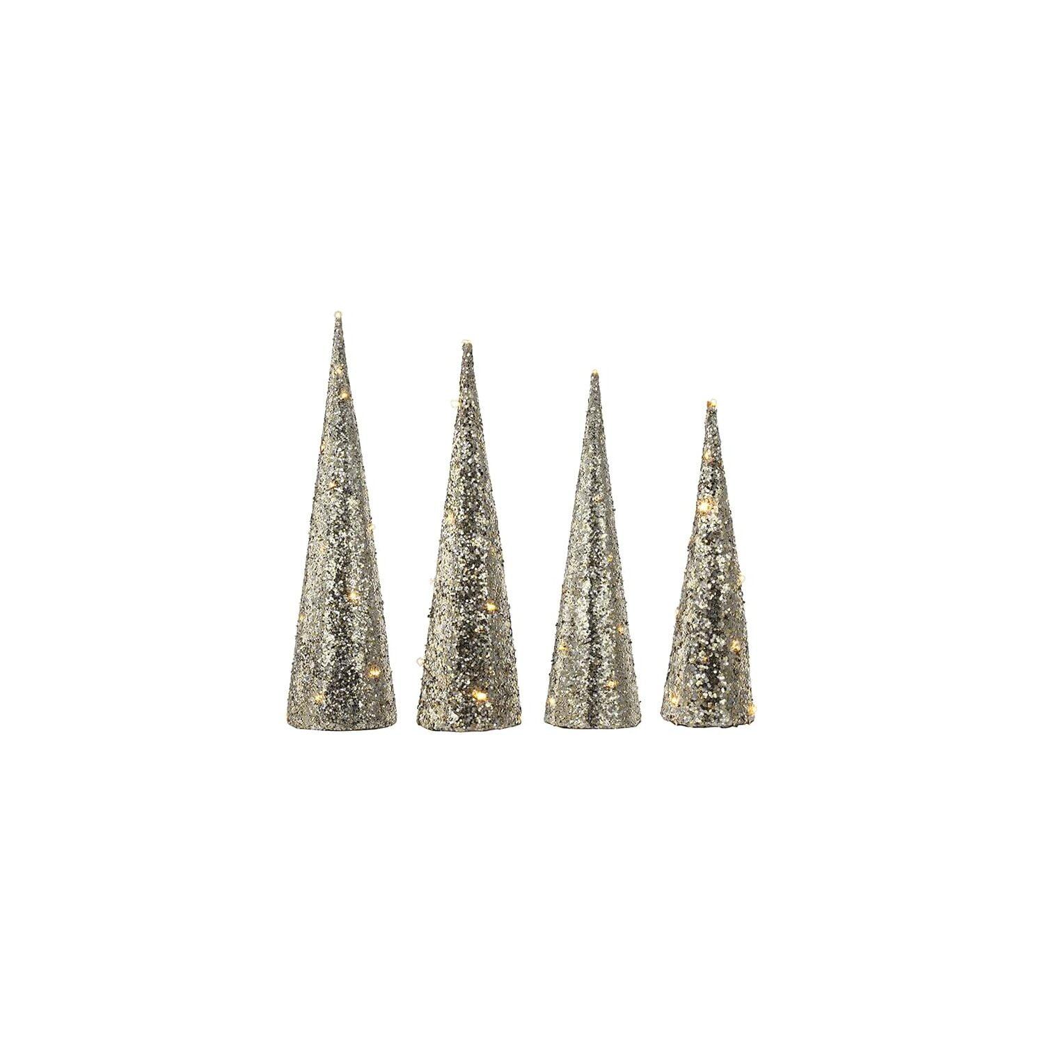 Gold Glitter Lighted Cone Christmas Trees Set of 4