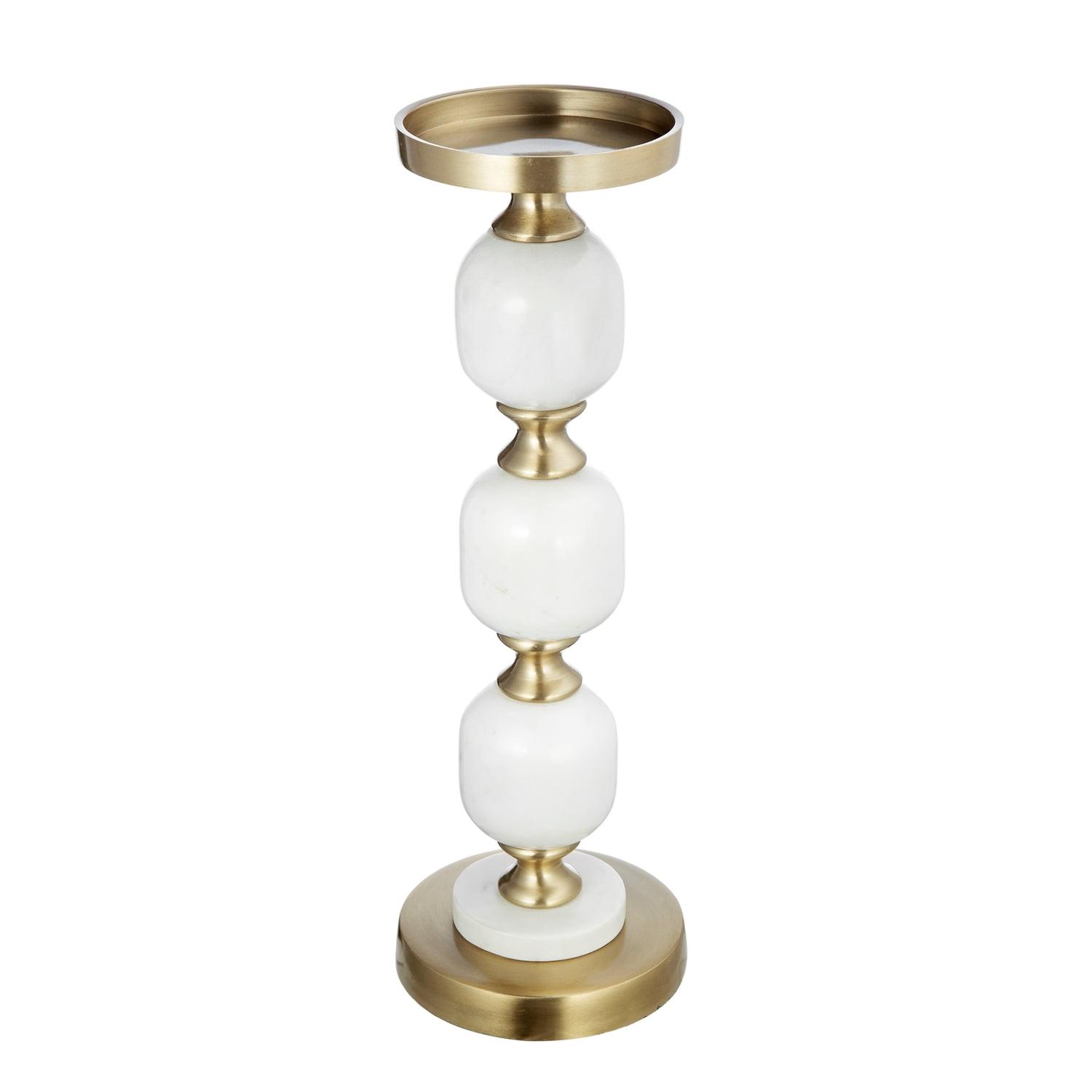 15" Gold and White Marble Metal Pebble Pillar Holder