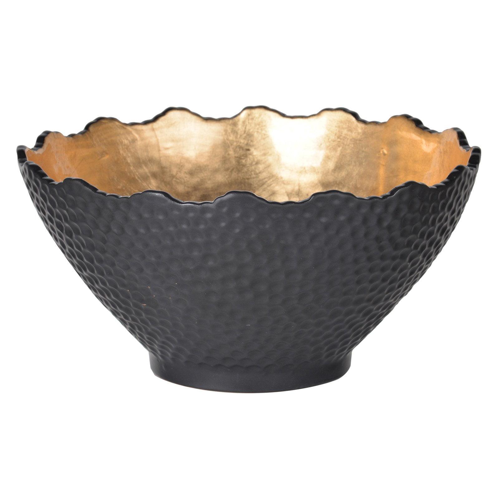 Large Black and Gold Hand-Hammered Stoneware Decorative Bowl