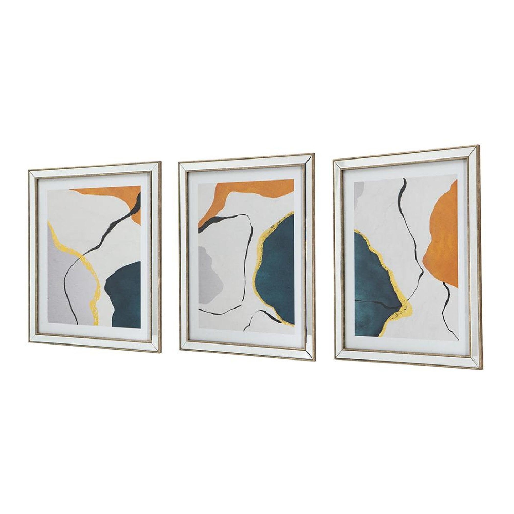 Set of 3 Blue and Orange Abstract Framed Wall Art