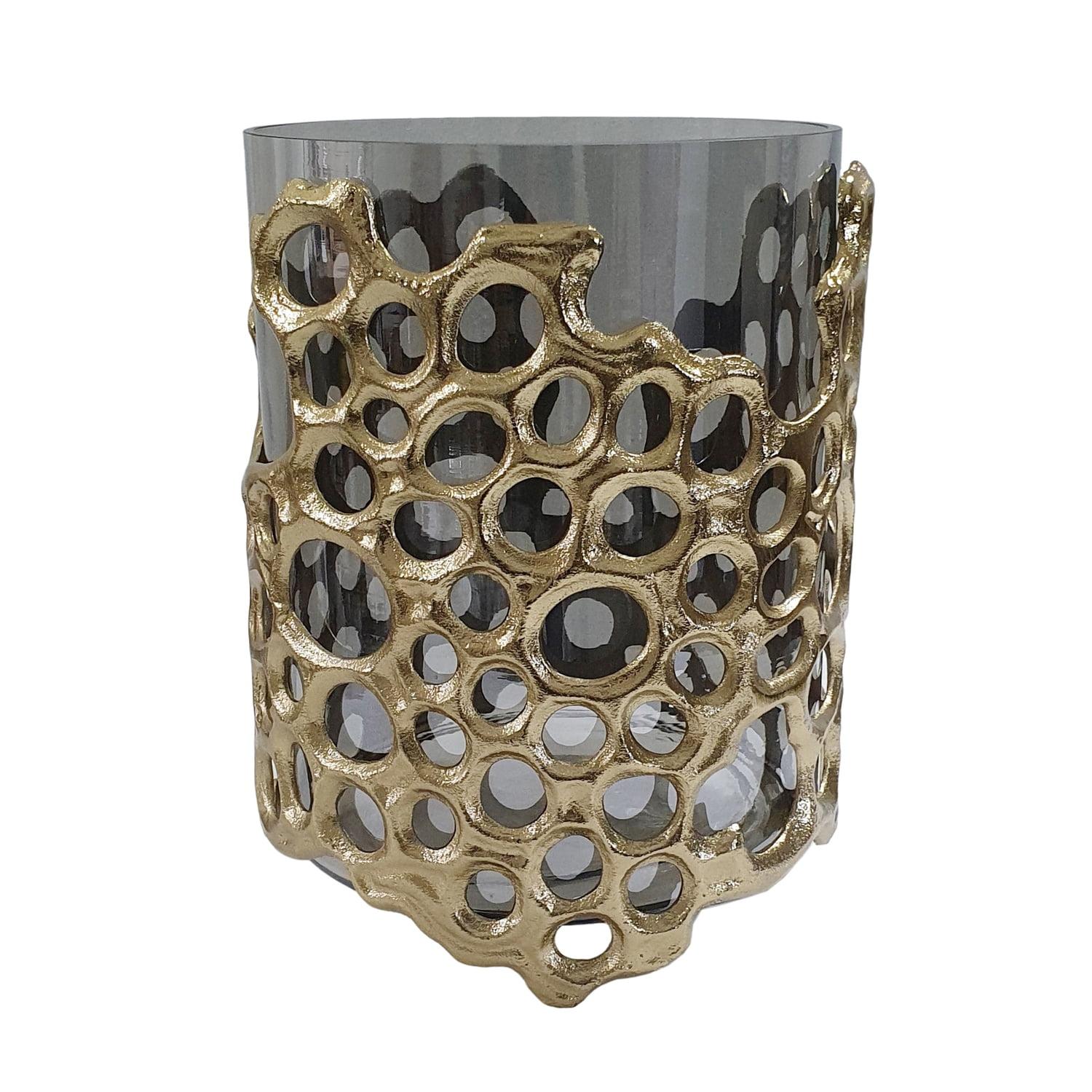 Contemporary Black Glass & Gold Aluminum 11'' Hurricane Candle Lantern