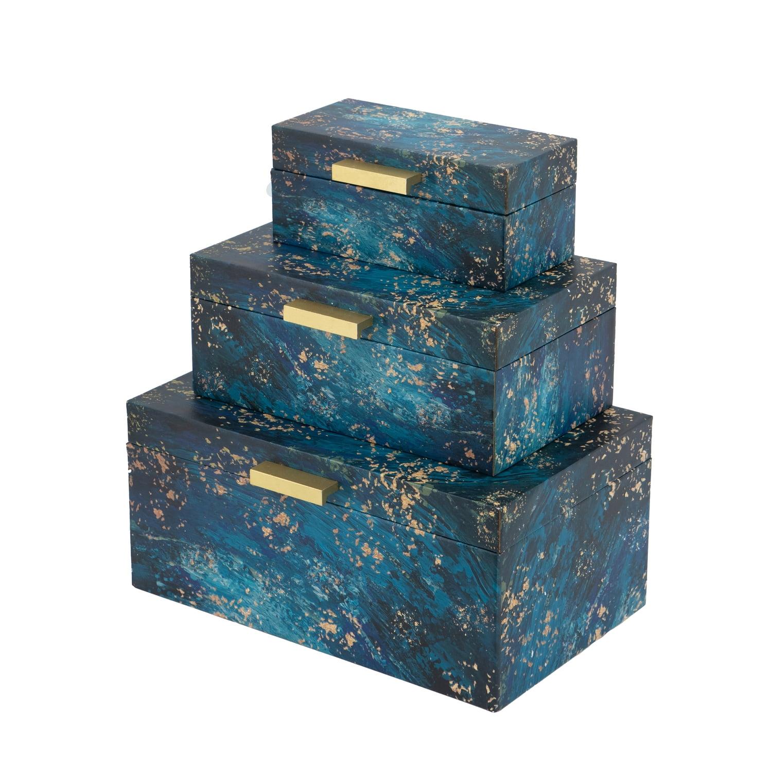 Set of 3 Rustic Blue Rectangular Wooden Decorative Boxes