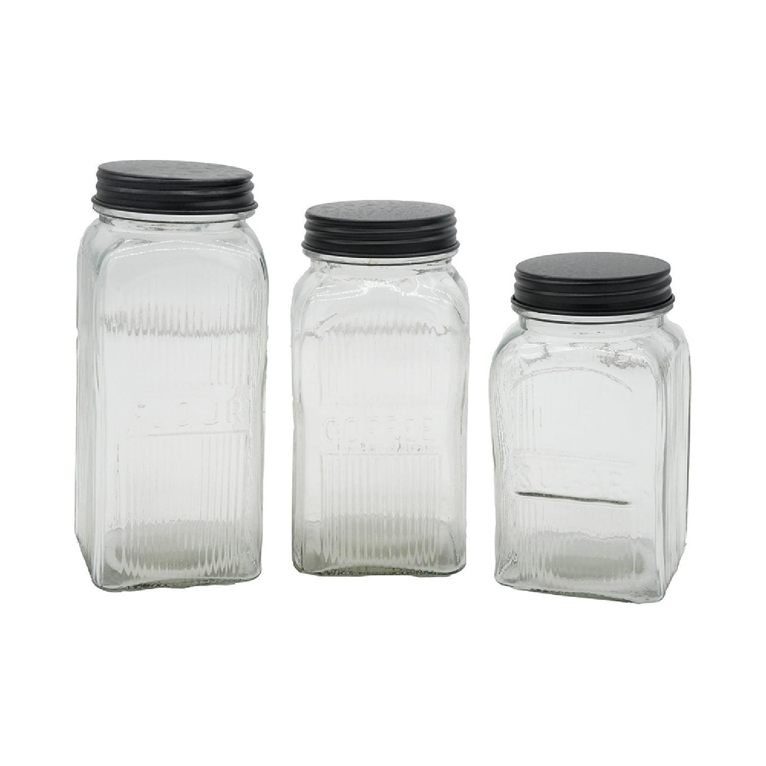 Set of 3 Clear Ribbed Glass Kitchen Canisters with Black Lids