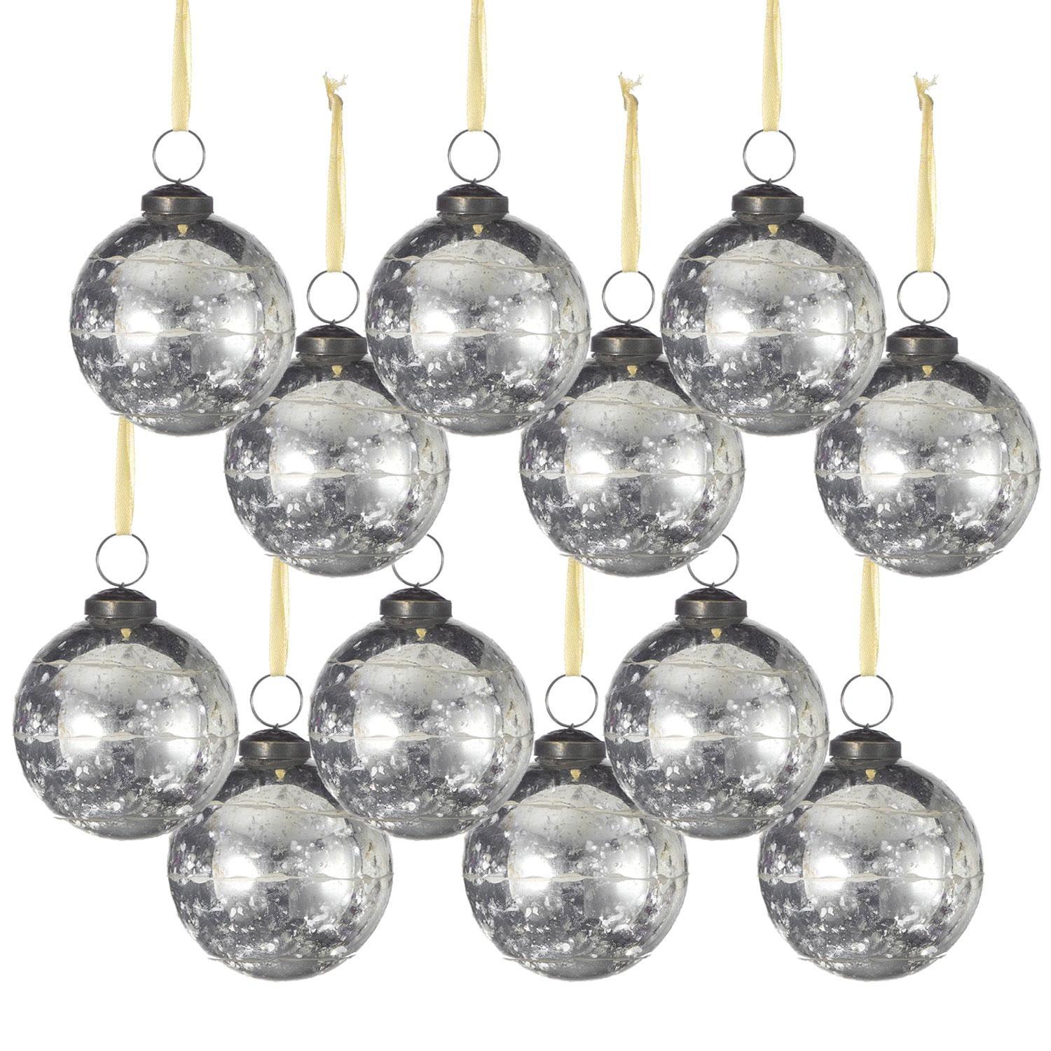 Set of 12 Silver Etched Glass Ball Ornaments