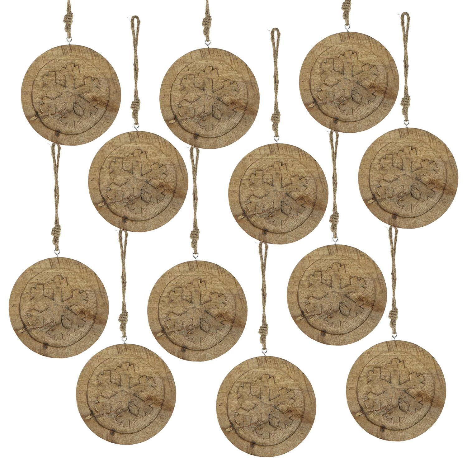 Set of 12 Brown Mango Wood Snowflake Hanging Ornaments