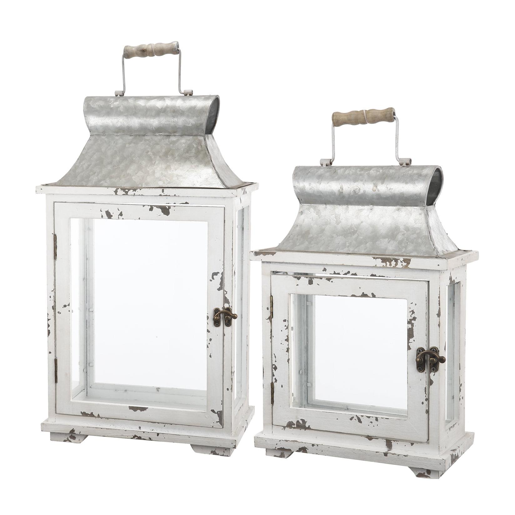 Set of 2 White and Gray Wooden Hanging Lanterns