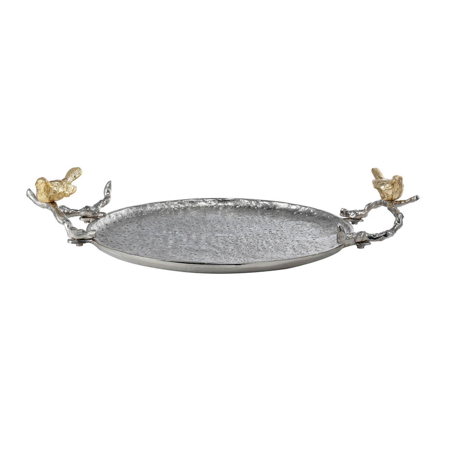 Silver and Gold Rectangular Metal Tray with Bird Handles