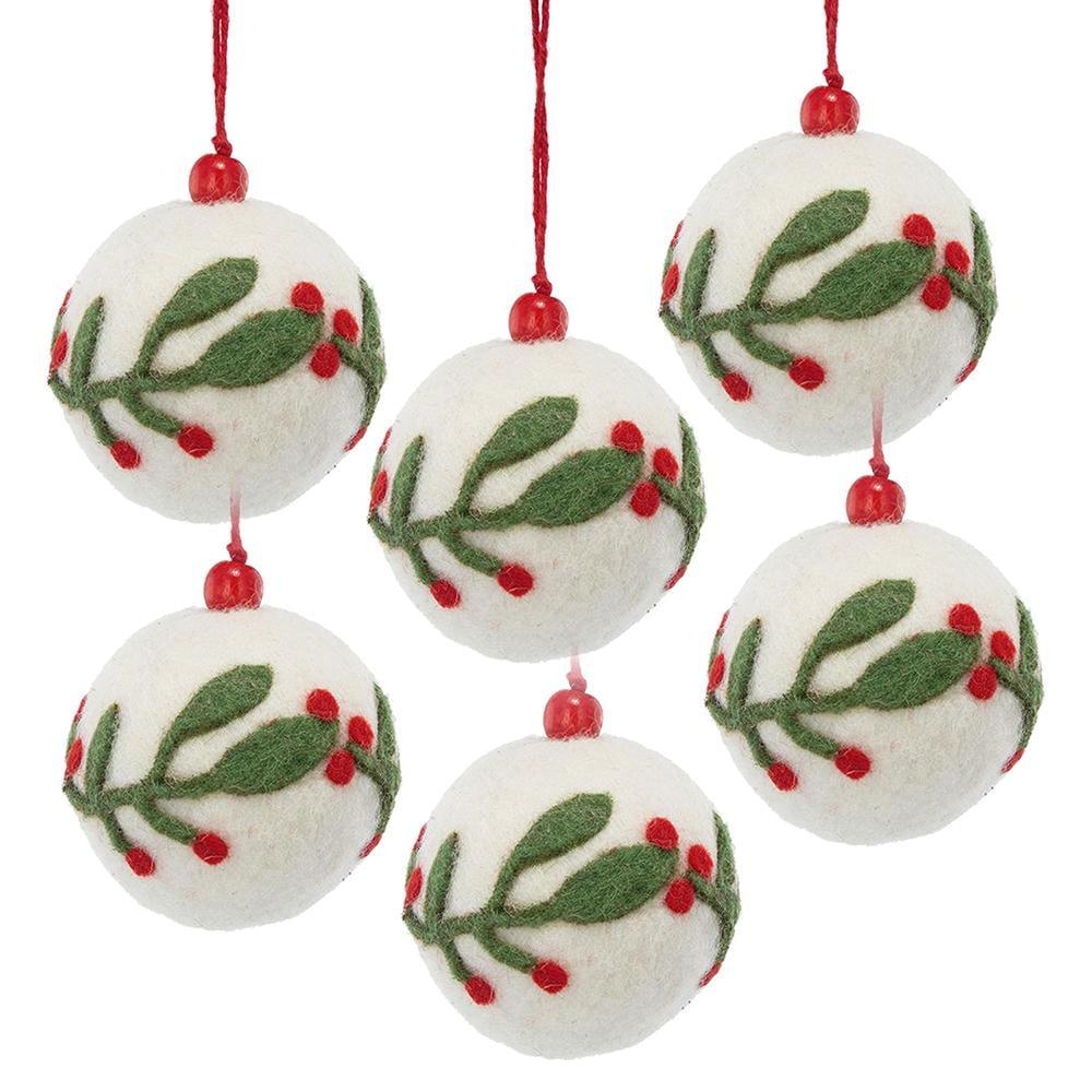 Set of 6 Cream and Green Wool Felt Holly Berry Ornaments