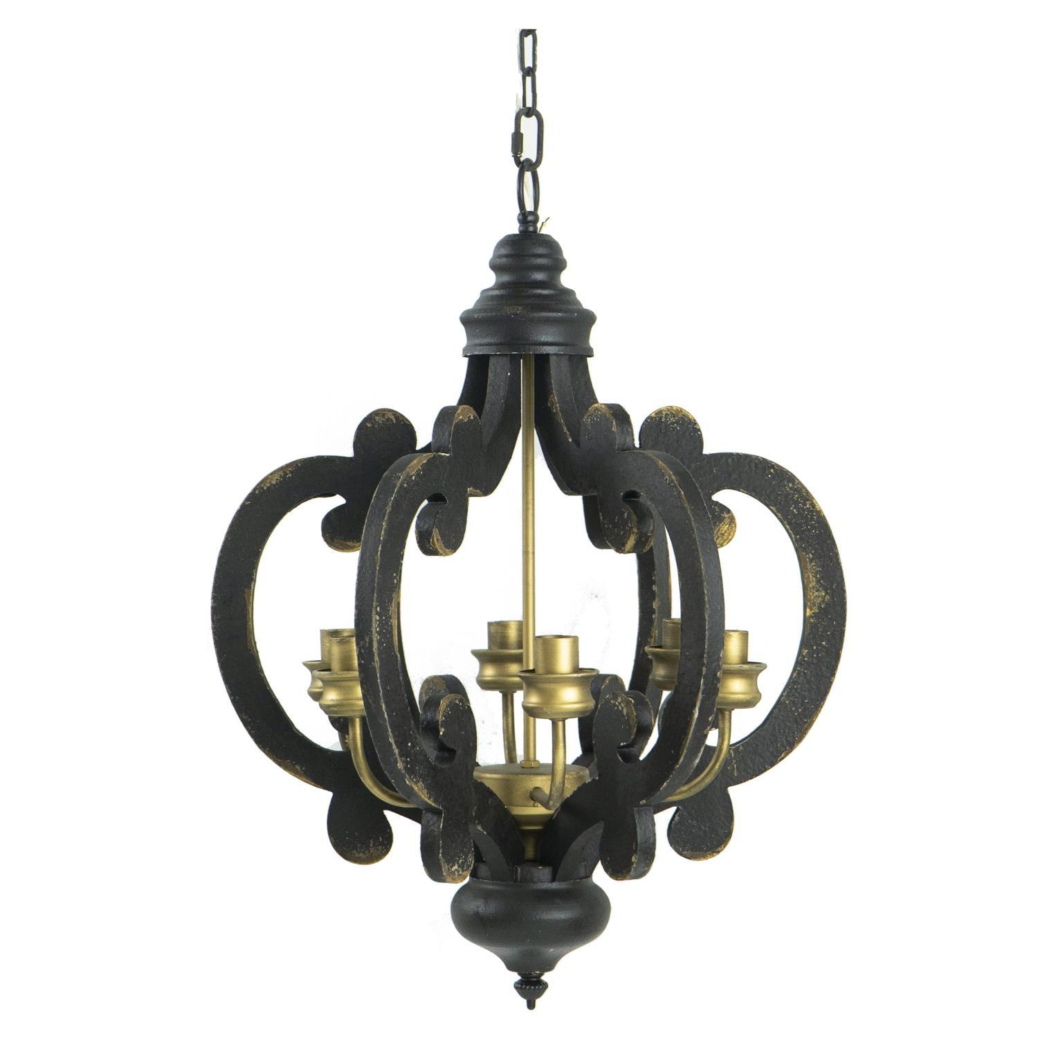 Antique Black 6-Light Wrought Iron Chandelier with Glass Shades