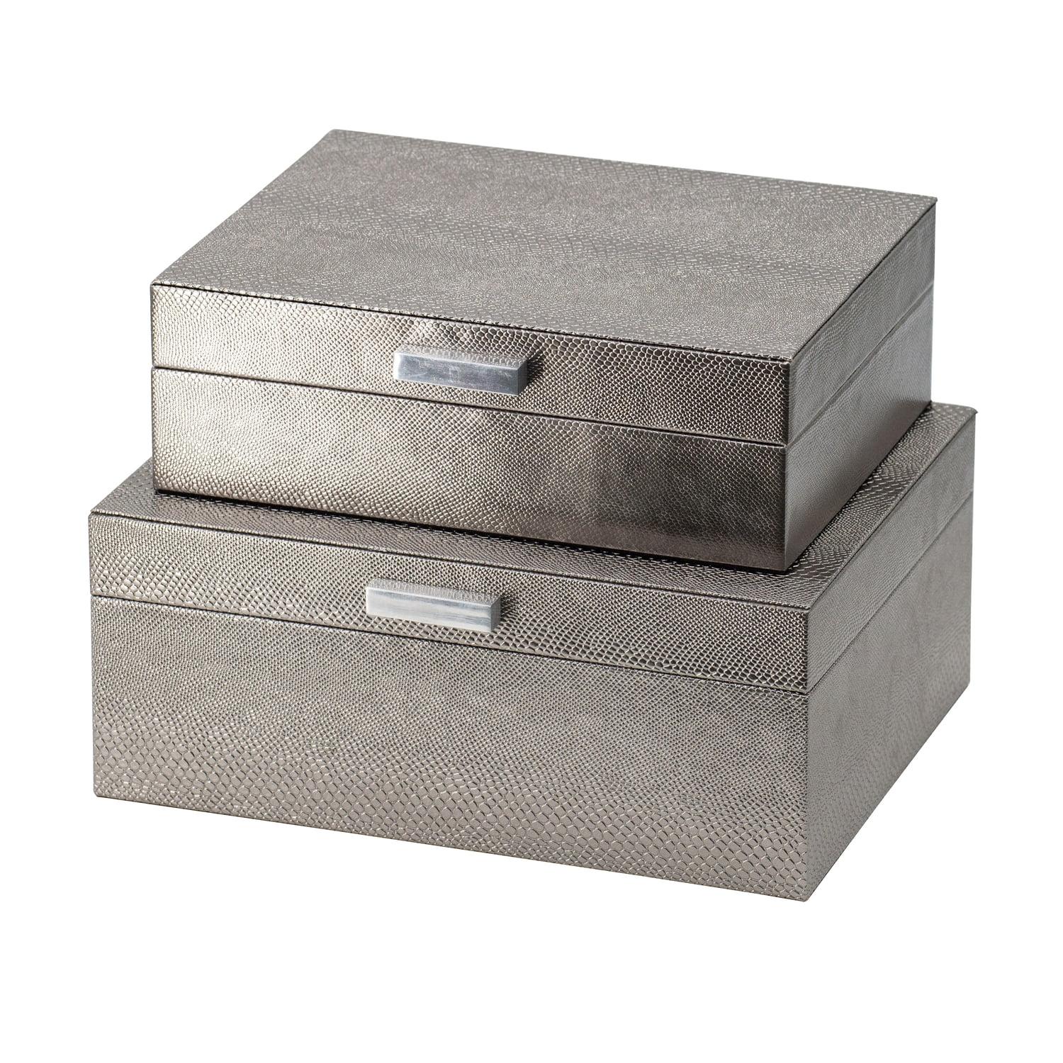 Silver Snake Print Rectangular Decorative Boxes with Metal Handles - Set of 2