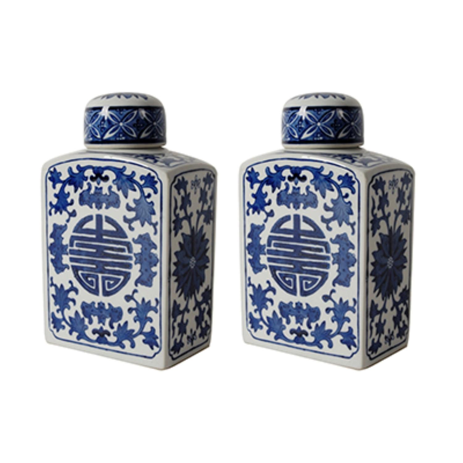 Vintage Aesthetic Blue-White Porcelain Decorative Jars, Set of 2