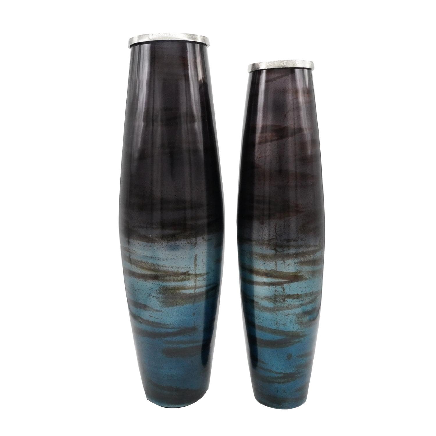 Veneta Elegance Tall Blue and Metallic Glass Vase Set