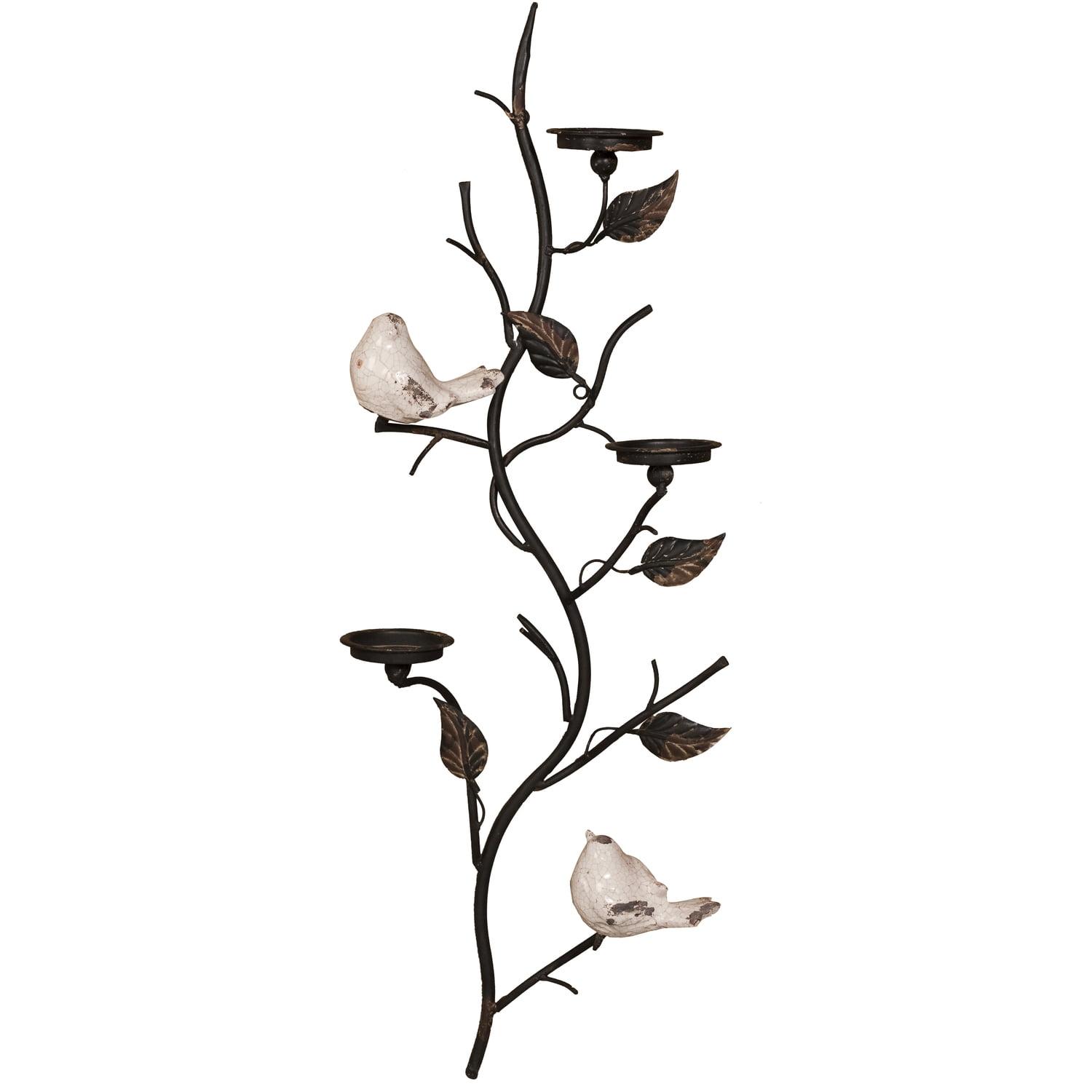 Elegant Ceramic Bird & Iron Branch Wall Candle Holder - 41" Black