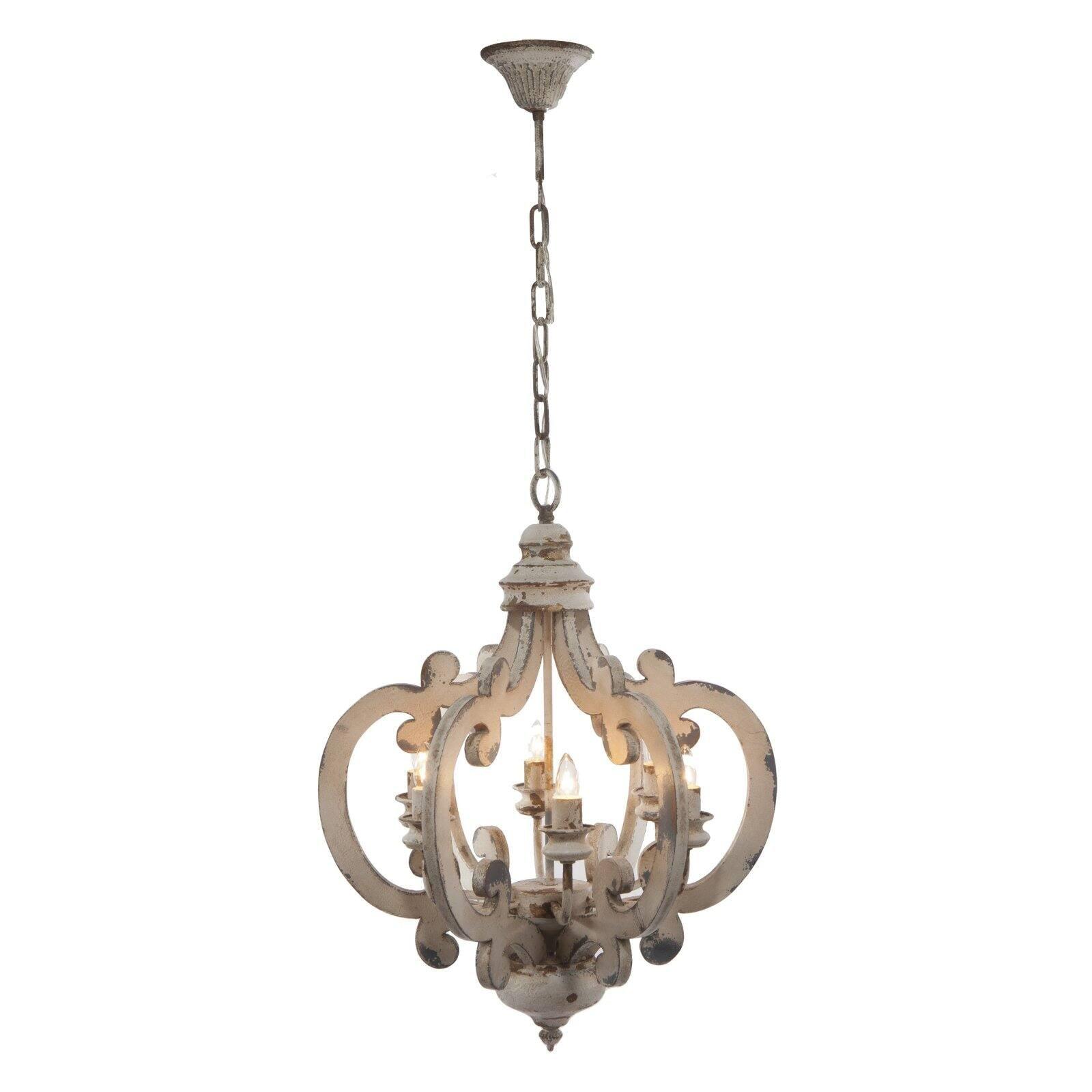 Antique White Washed Fir Wood and Iron 6-Light Chandelier