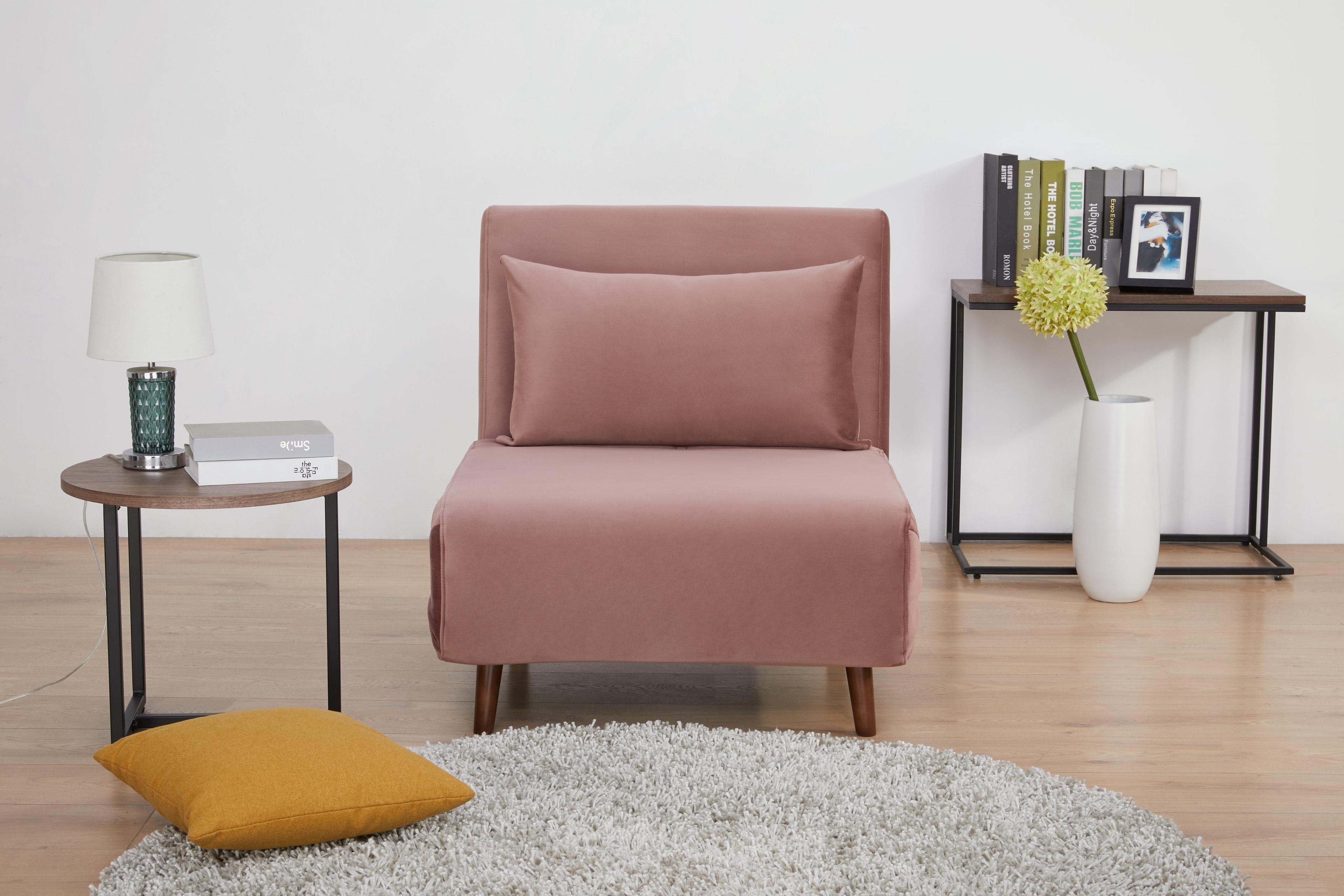 Blush Pink Velvet Convertible Chair with Wood Accents, 35.4"x32"