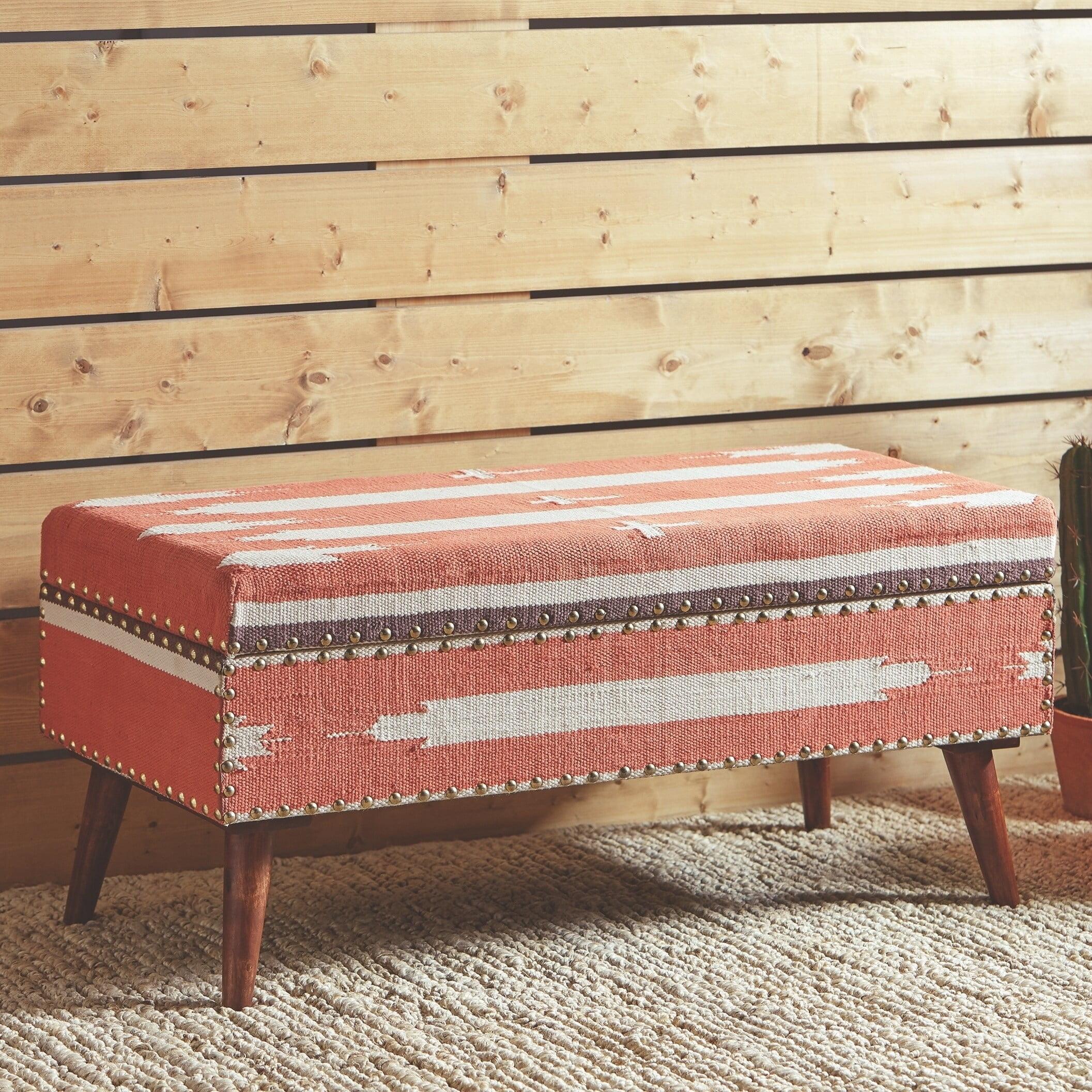 Eclectic Orange and Beige 36" Storage Ottoman Bench with Nail-head Accents
