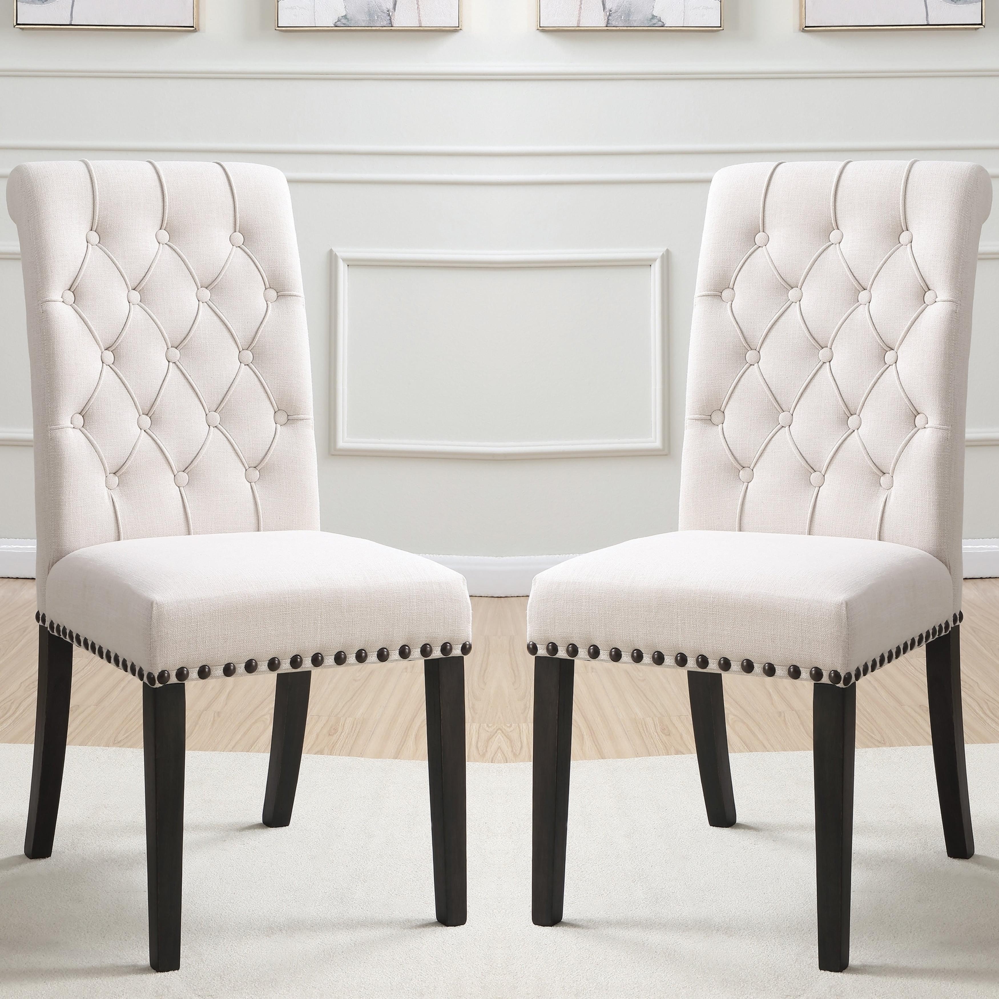 A Line Furniture Rolled Back Design Button Tufted Beige Dining Chairs with Nailhead Trim (Set of 2)