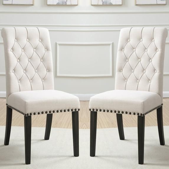 A Line Furniture Rolled Back Design Button Tufted Beige Dining Chairs with Nailhead Trim (Set of 2)
