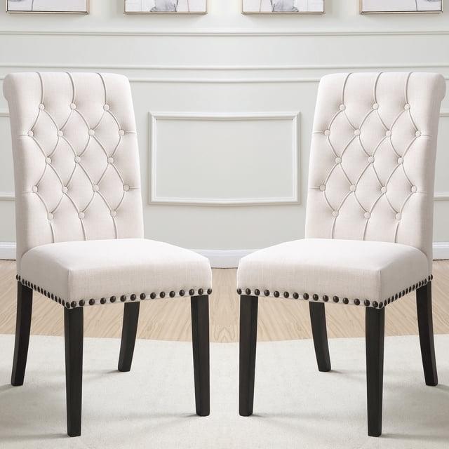 A Line Furniture Rolled Back Design Button Tufted Beige Dining Chairs with Nailhead Trim (Set of 2)