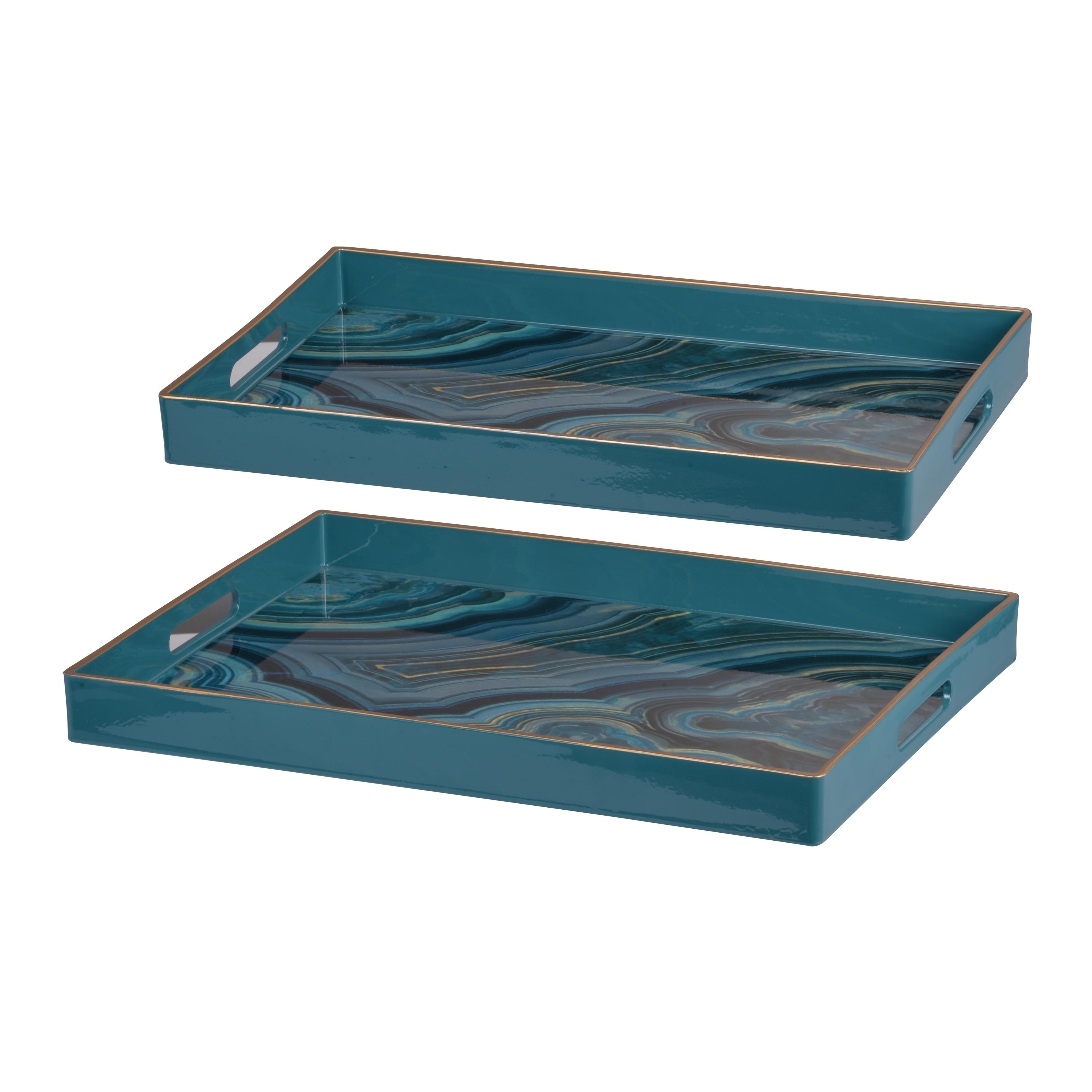 Effra Blue Plastic Rectangular Serving Trays - Set of 2