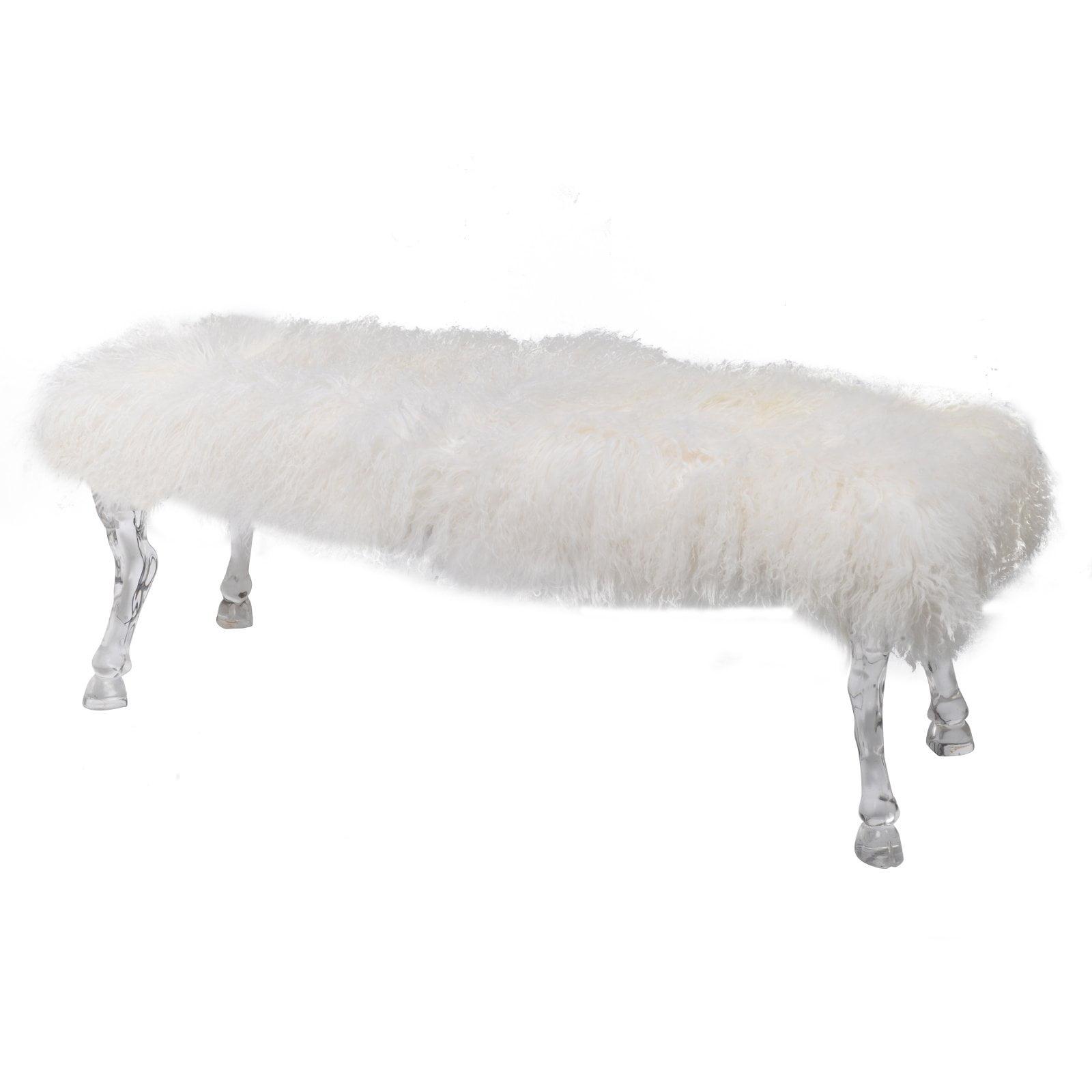 White Faux Fur Bench with Clear Acrylic Hoof Legs