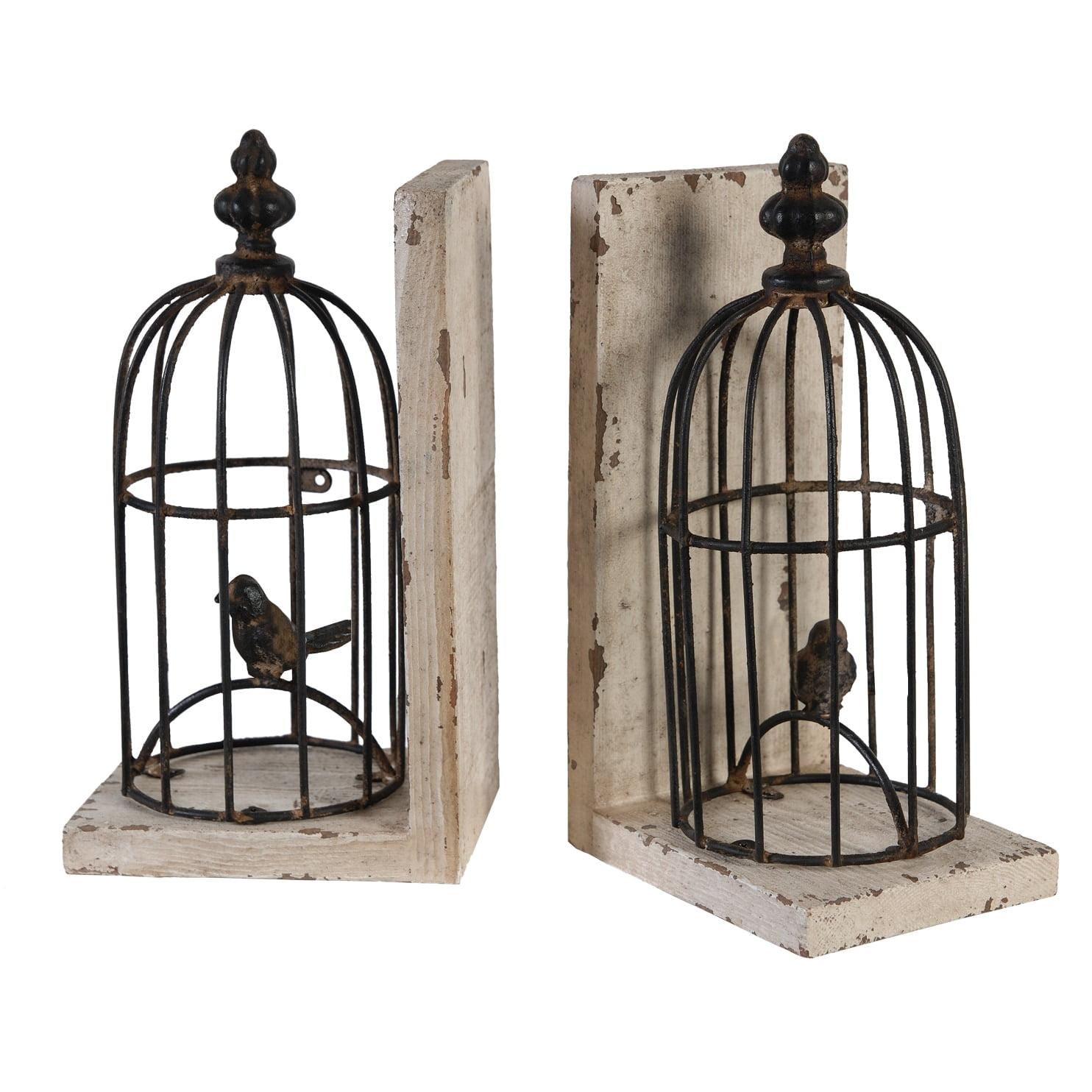 Rustic Charm White Metal and Wood Bird Cage Bookends Set