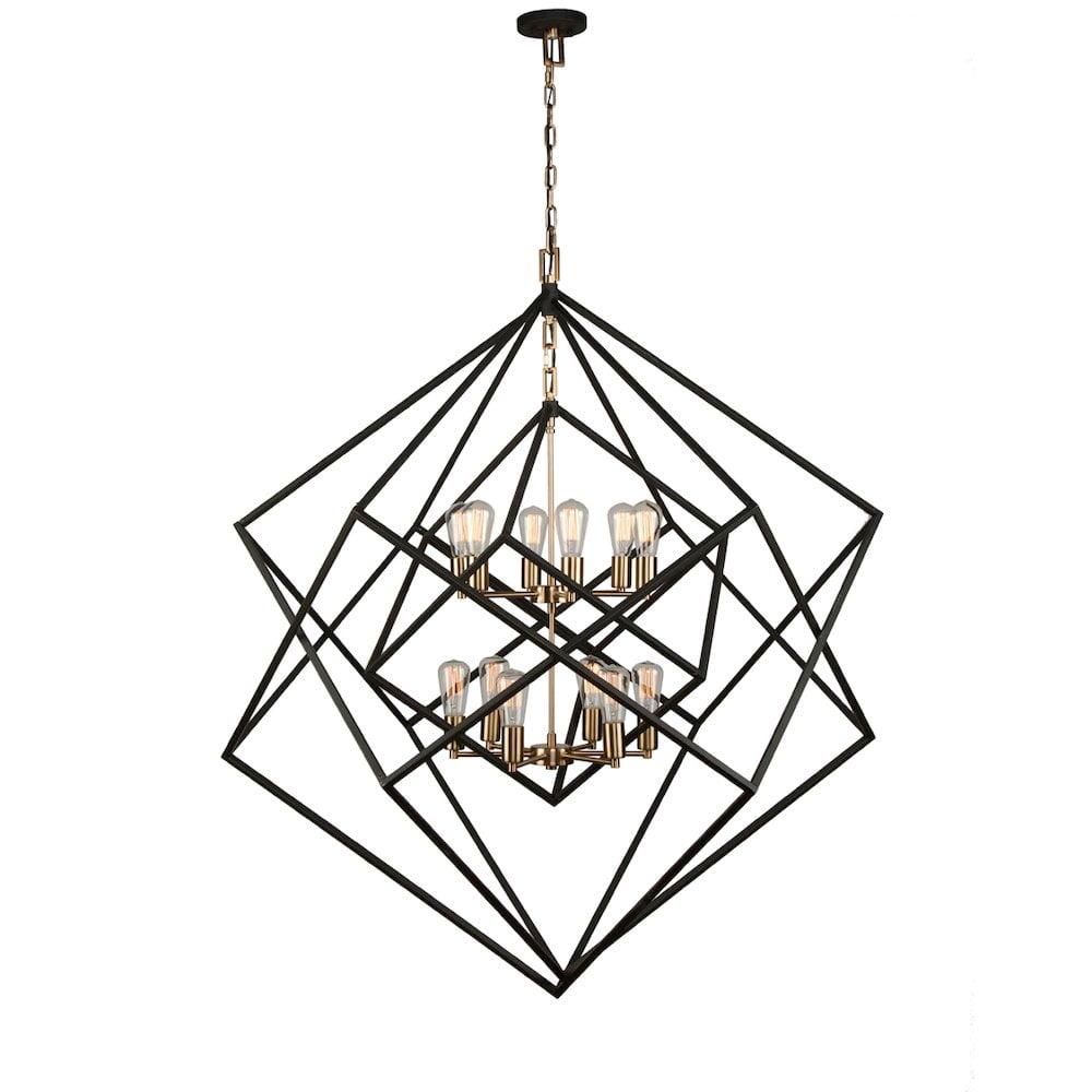 Elegant 12-Light Matte Black and Harvest Brass Cage Chandelier