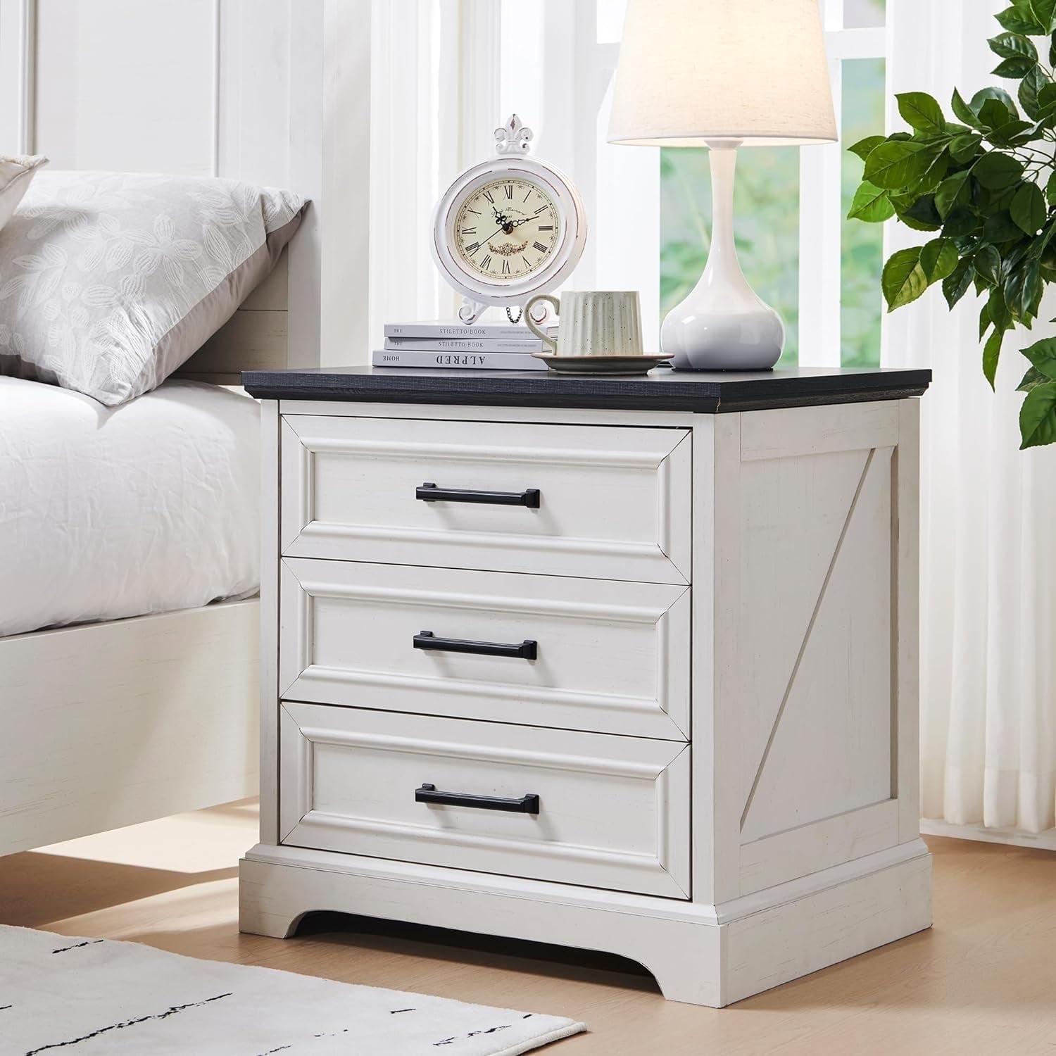 24" White and Black Farmhouse Nightstand with 3 Drawers and Charging Station