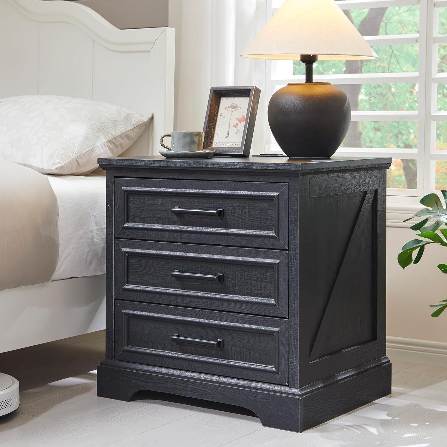 24" Black Wood Farmhouse Nightstand with 3 Drawers and Charging Station